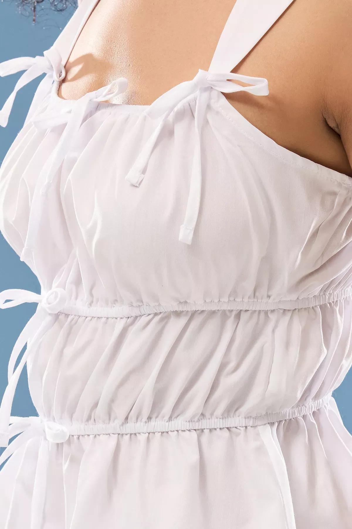 White Square Neck Gathered Blouse, White, large image number 3