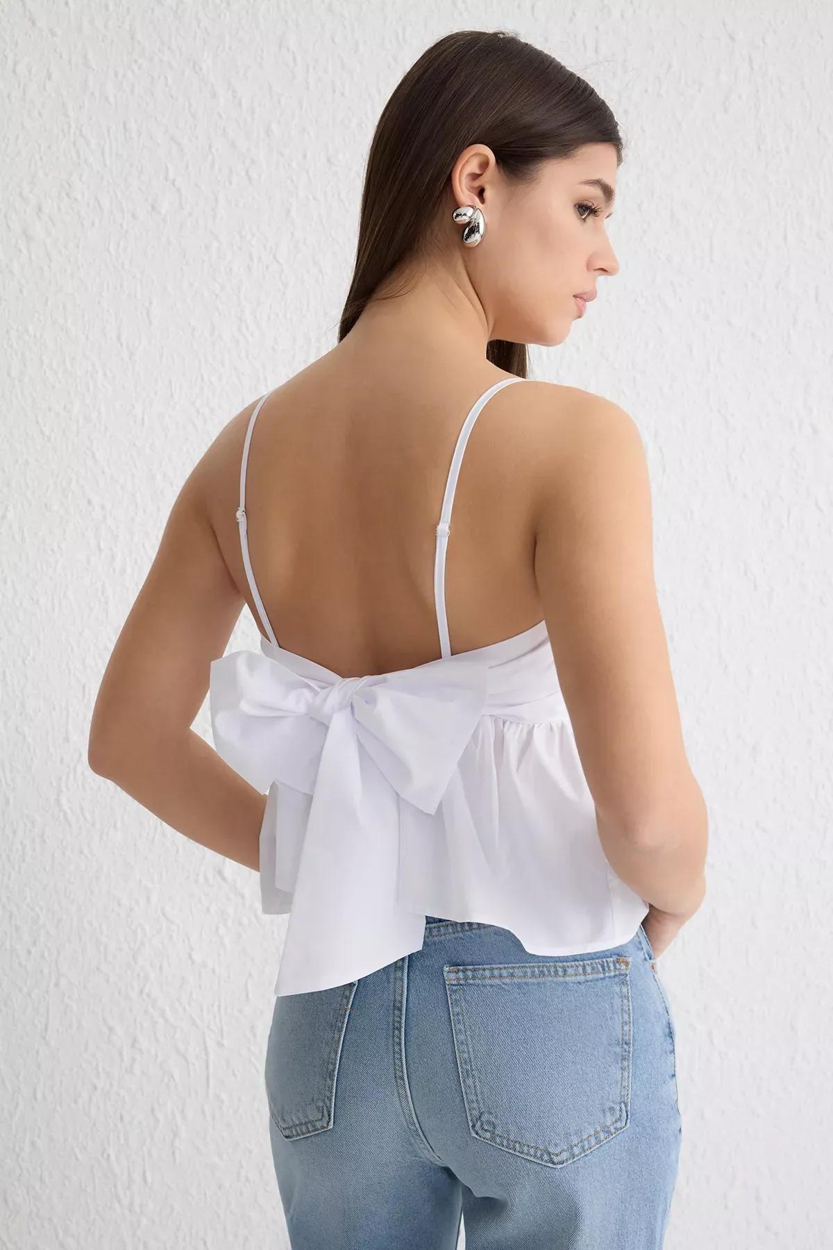 White Ribbon Tie Crop Blouse, White, large image number 4
