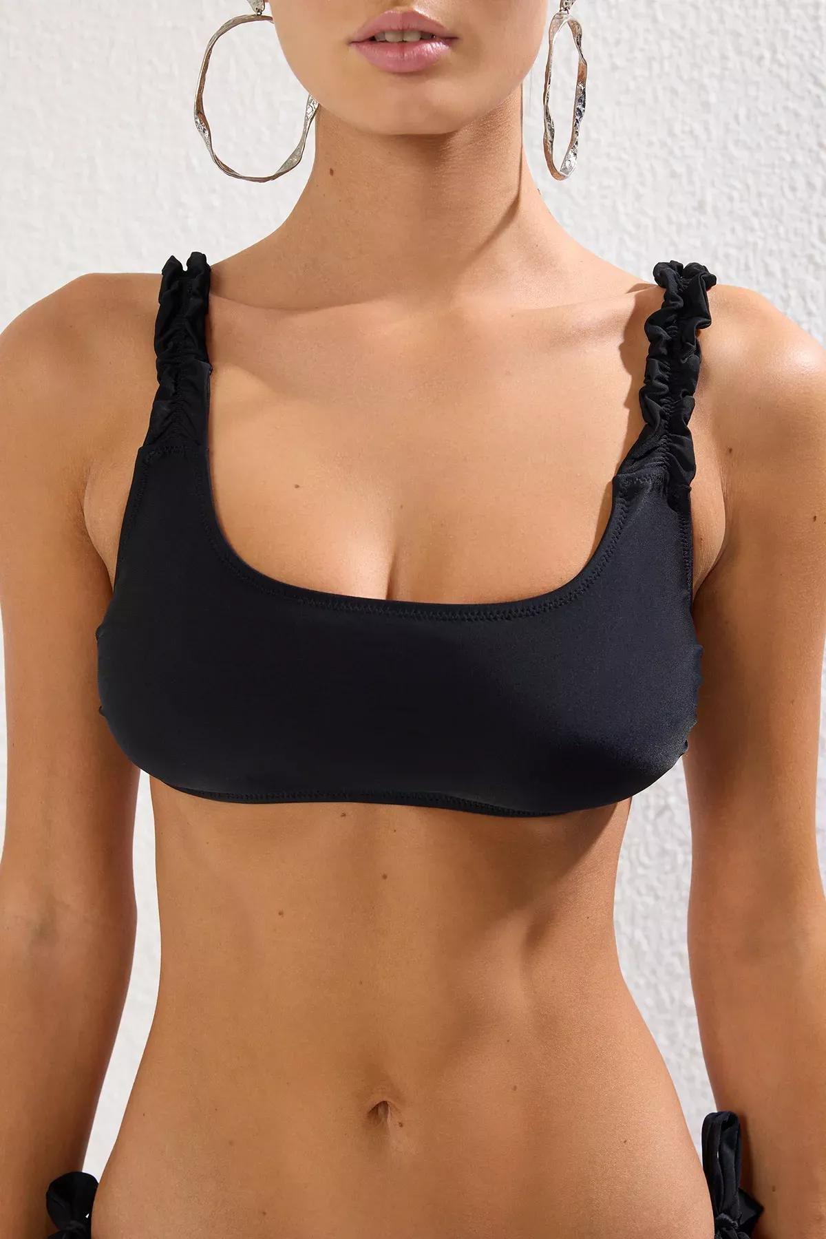 Black U-Neck Gathered Bikini Top, , large image number 2
