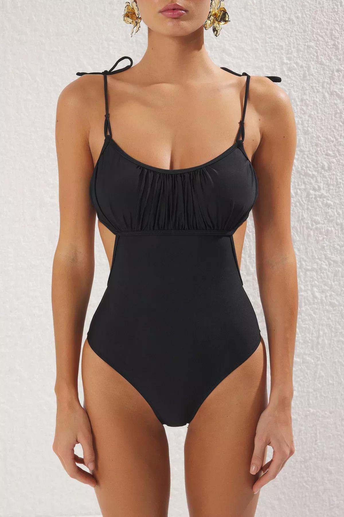 Black U-Neck Tie Detail Draped Swimsuit, , large image number 2