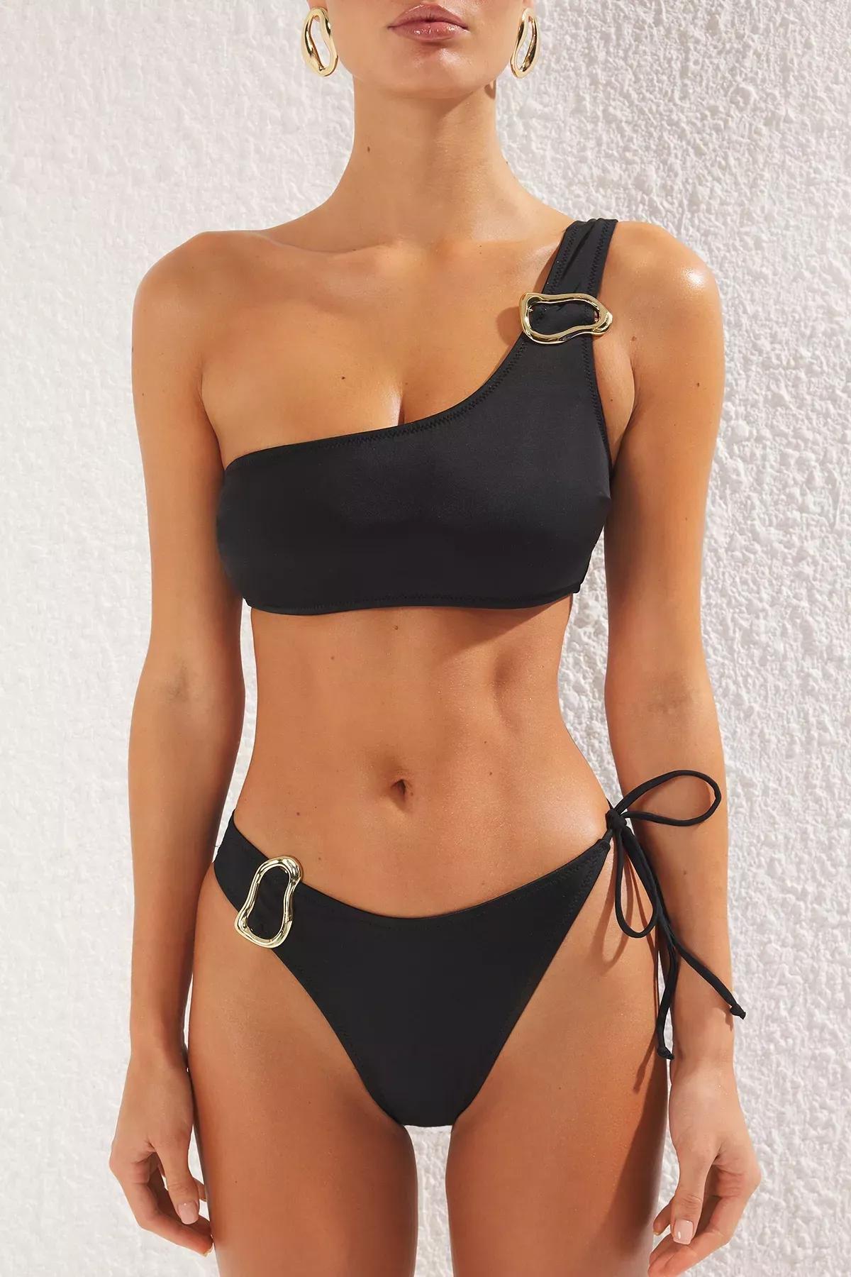 Black One Shoulder Accessorized Bikini Set, , large image number 2
