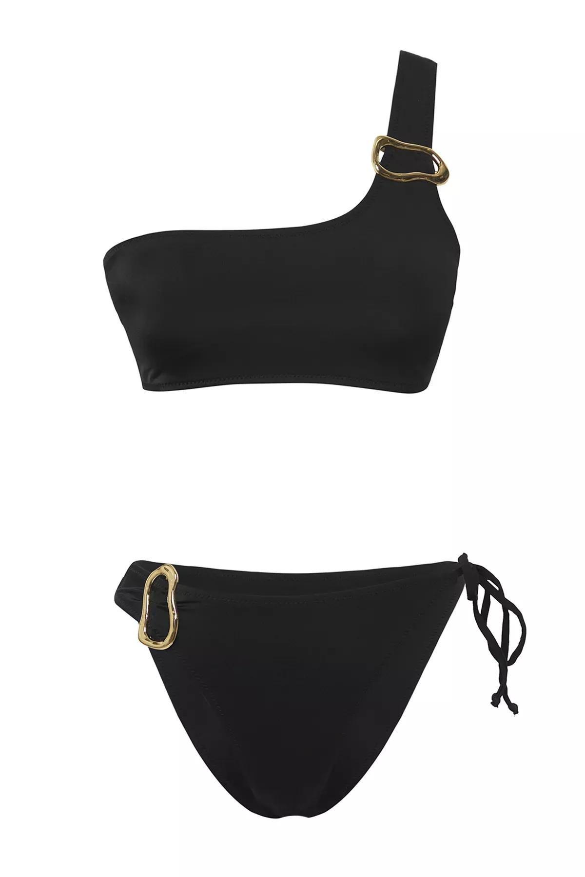 Black One Shoulder Accessorized Bikini Set, , large image number 4
