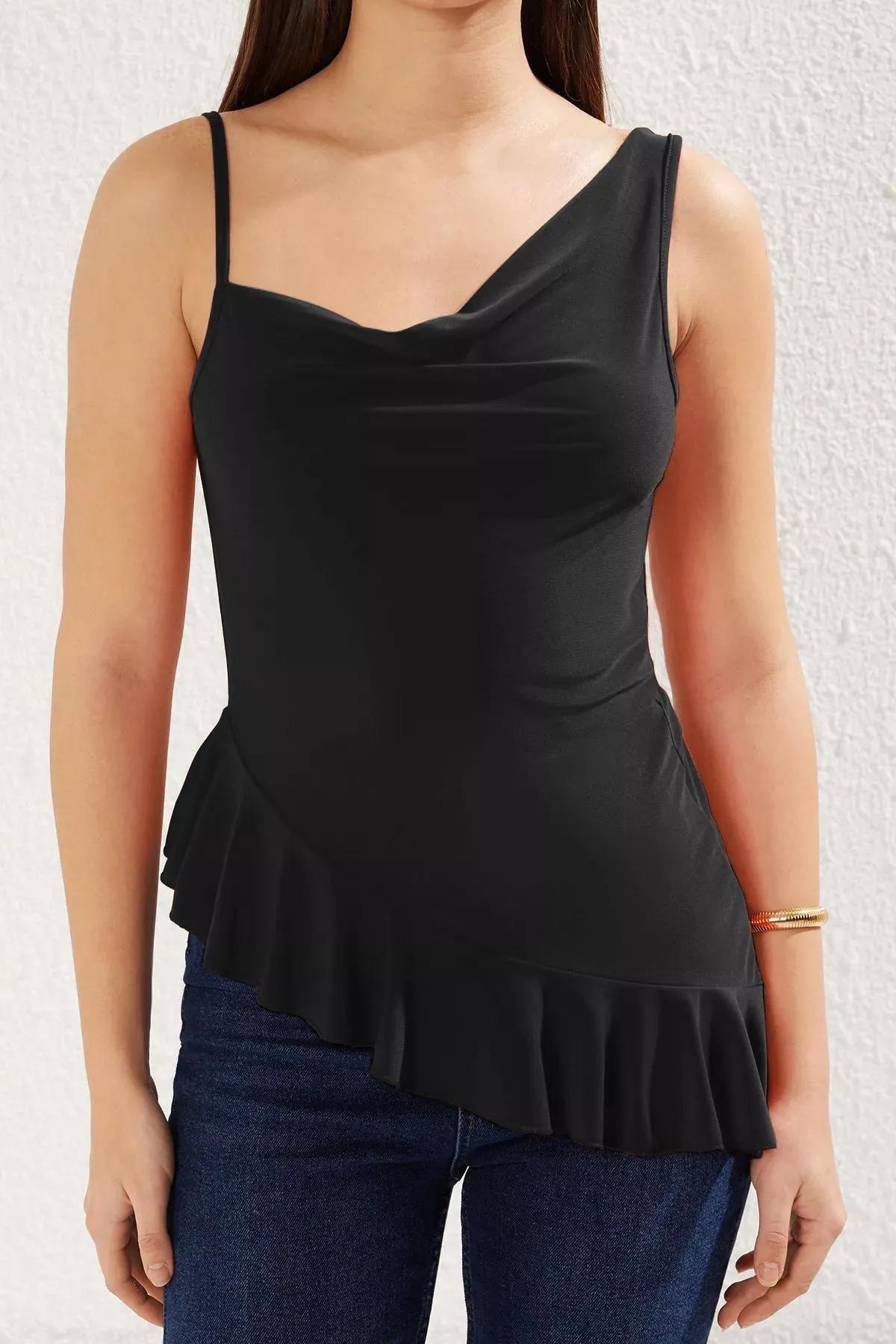 Black Asymmetrical Cowl Collar Blouse, , large image number 2