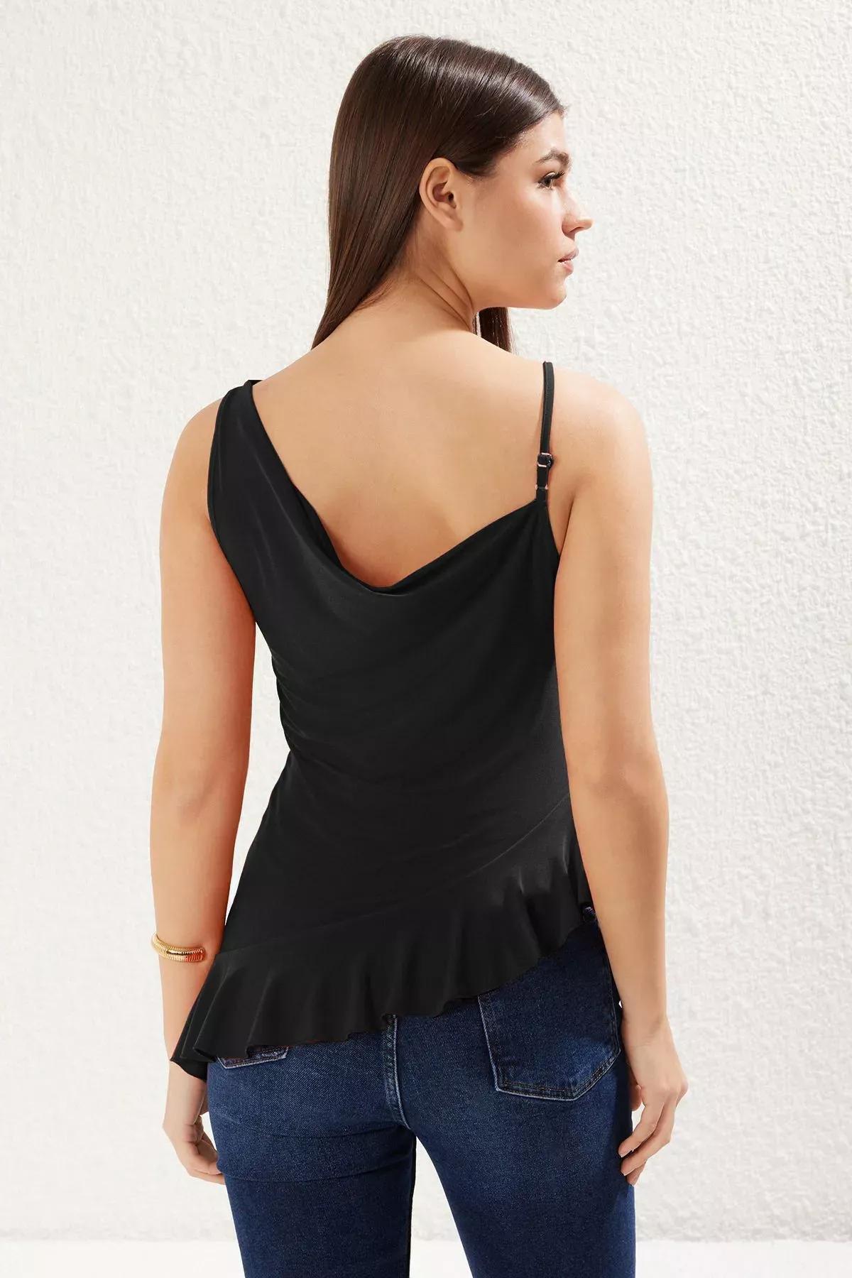 Black Asymmetrical Cowl Collar Blouse, , large image number 4