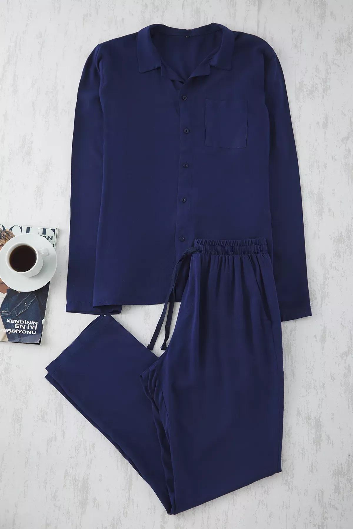 Navy Sustainable Woven Pajama Set, Navy blue, large image number 0