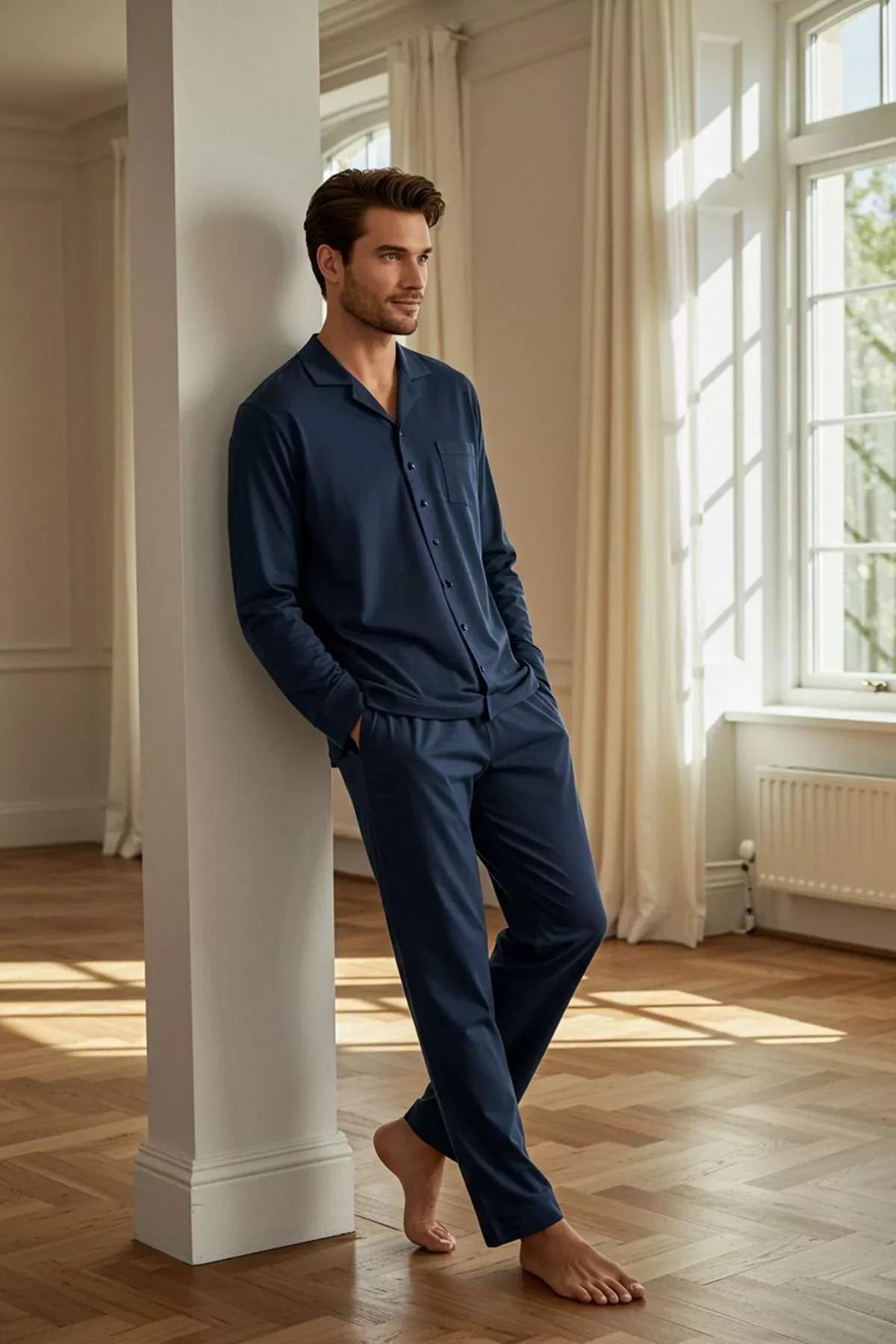 Navy Sustainable Woven Pajama Set, Navy blue, large image number 1