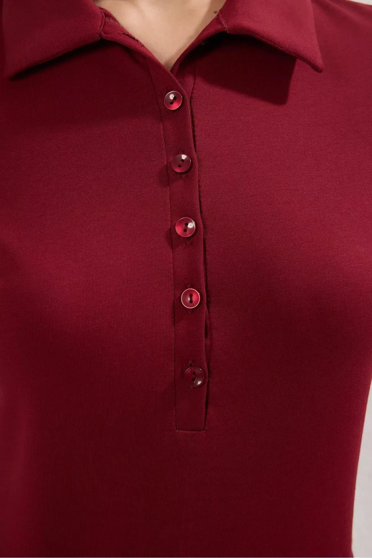 Red Polo Collar Knitted Blouse, Dark Cherry, large image number 2