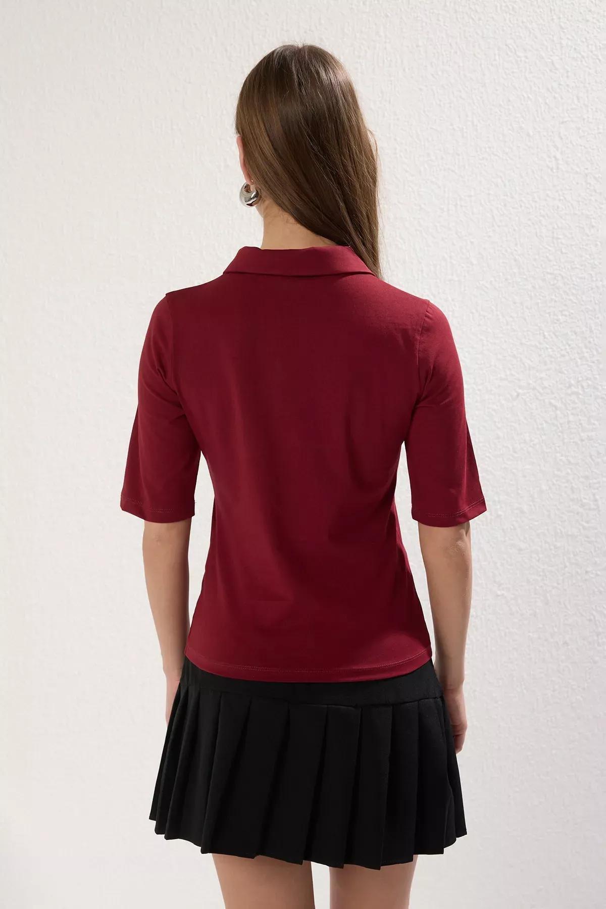 Red Polo Collar Knitted Blouse, Dark Cherry, large image number 3