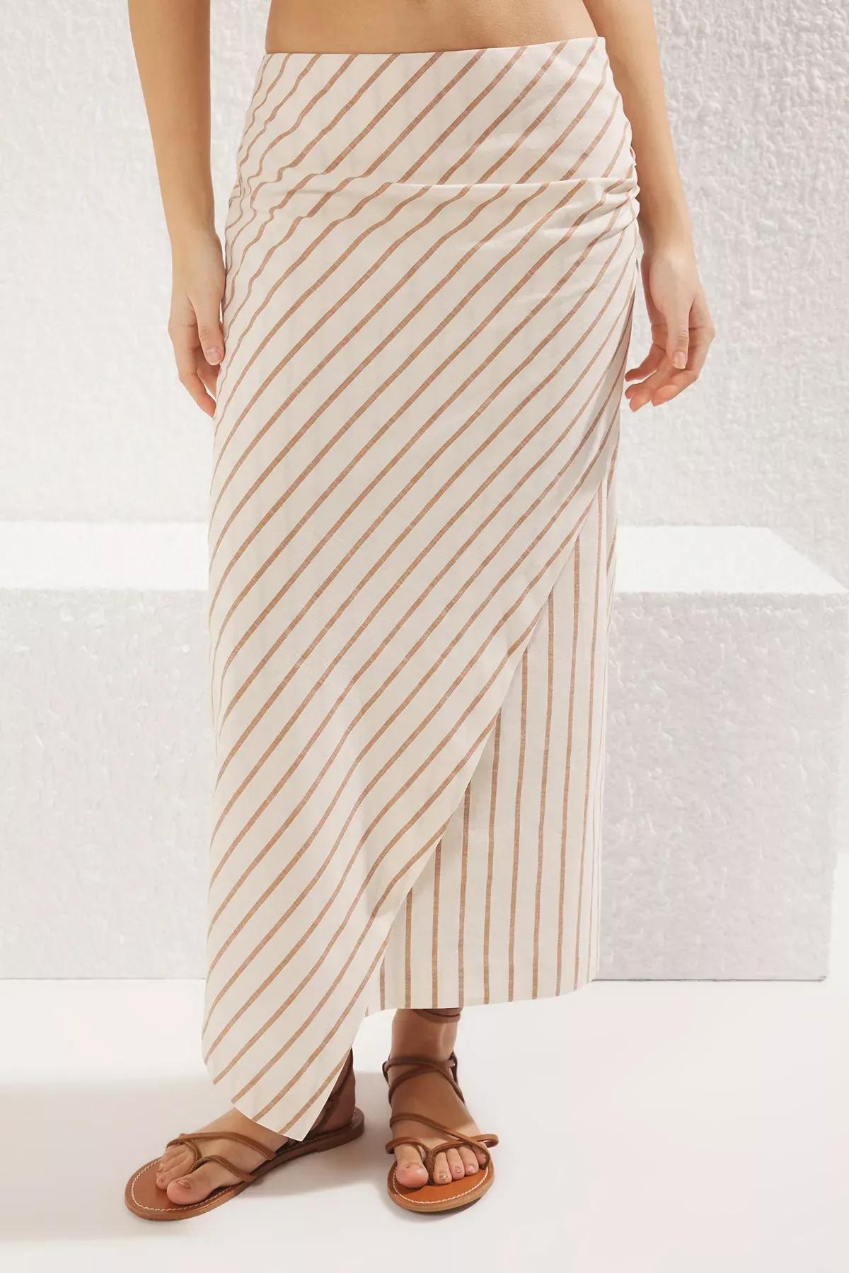 Beige Striped Midi Skirt, , large image number 1