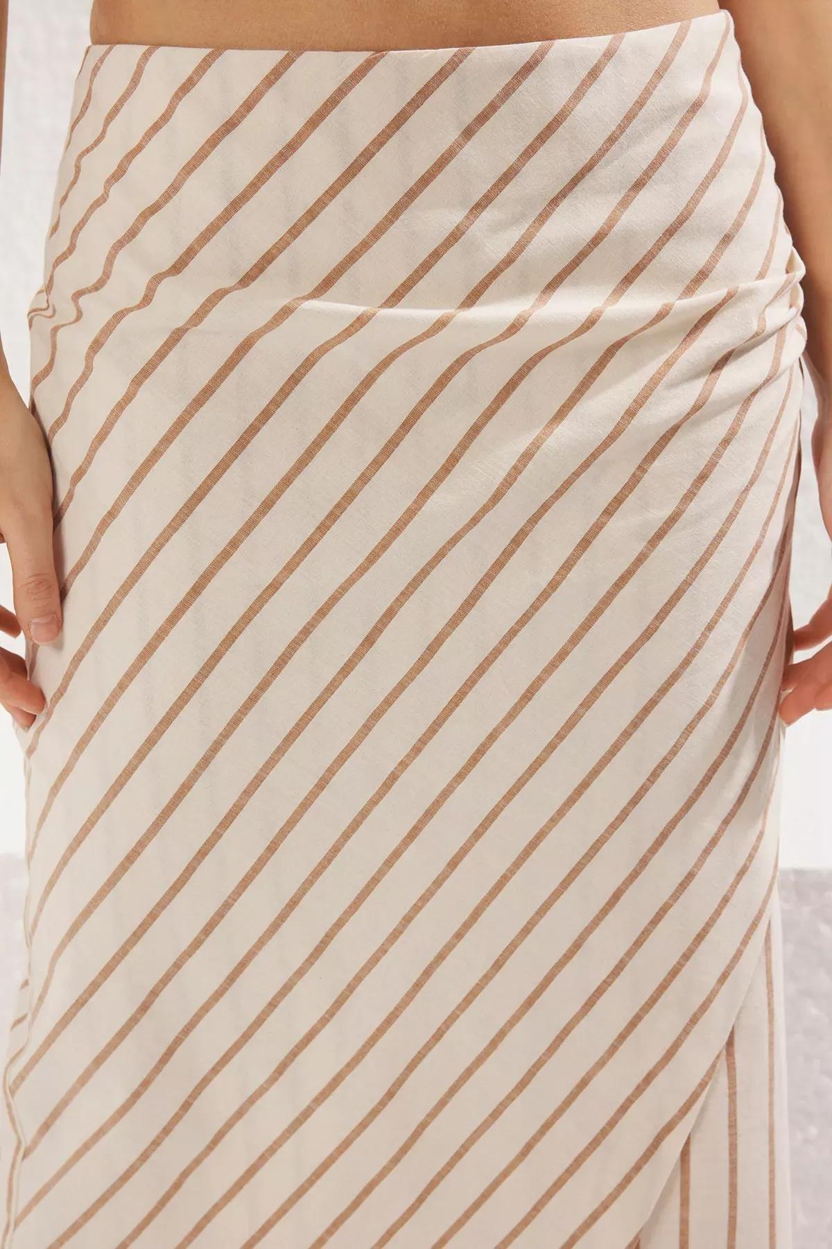 Beige Striped Midi Skirt, , large image number 2