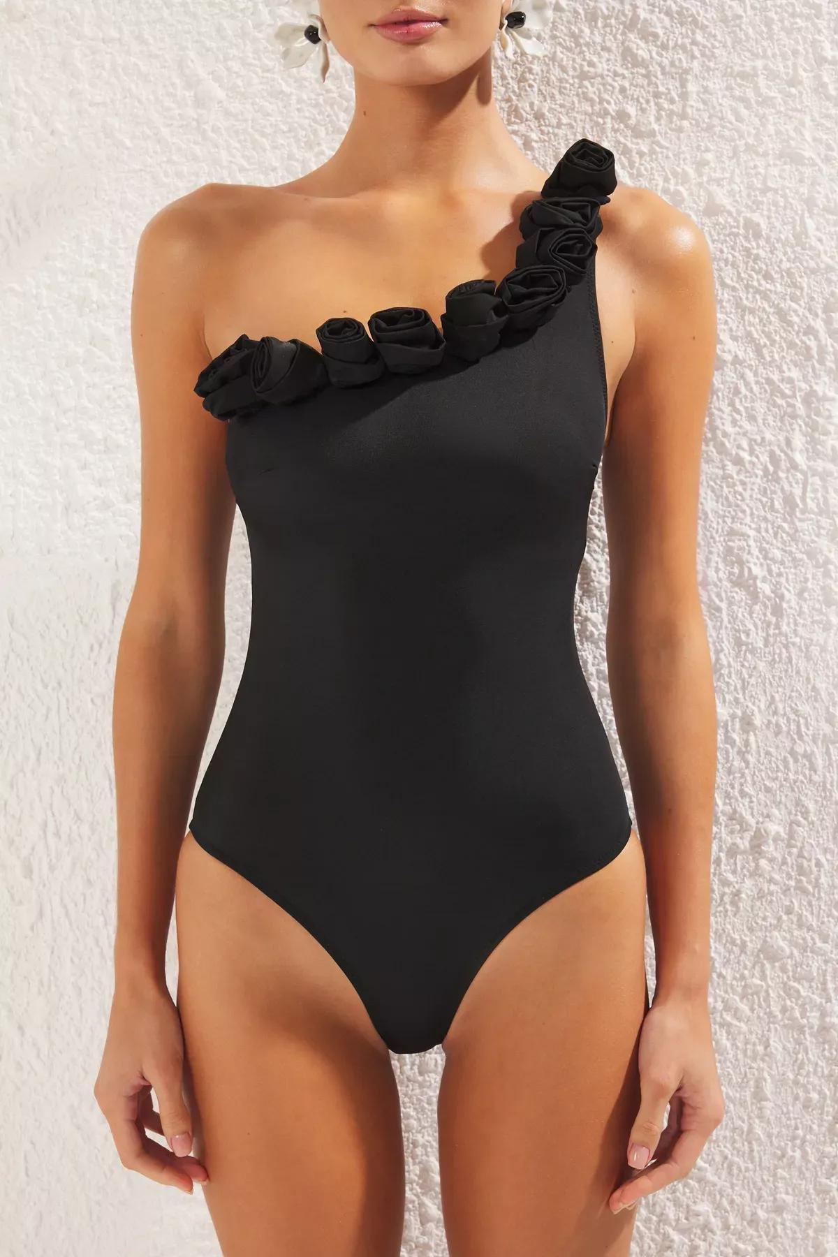 Black Floral Applique One Shoulder Swimsuit, , large image number 3