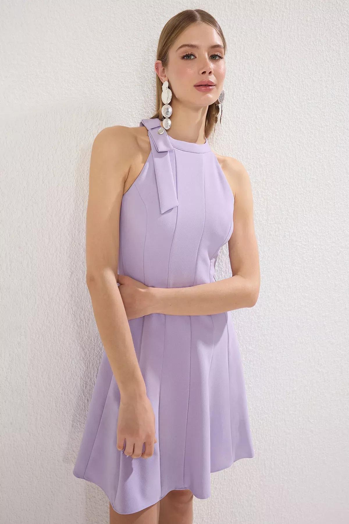 Purple Tie Detail Mini Dress, Lilac, large image number 1