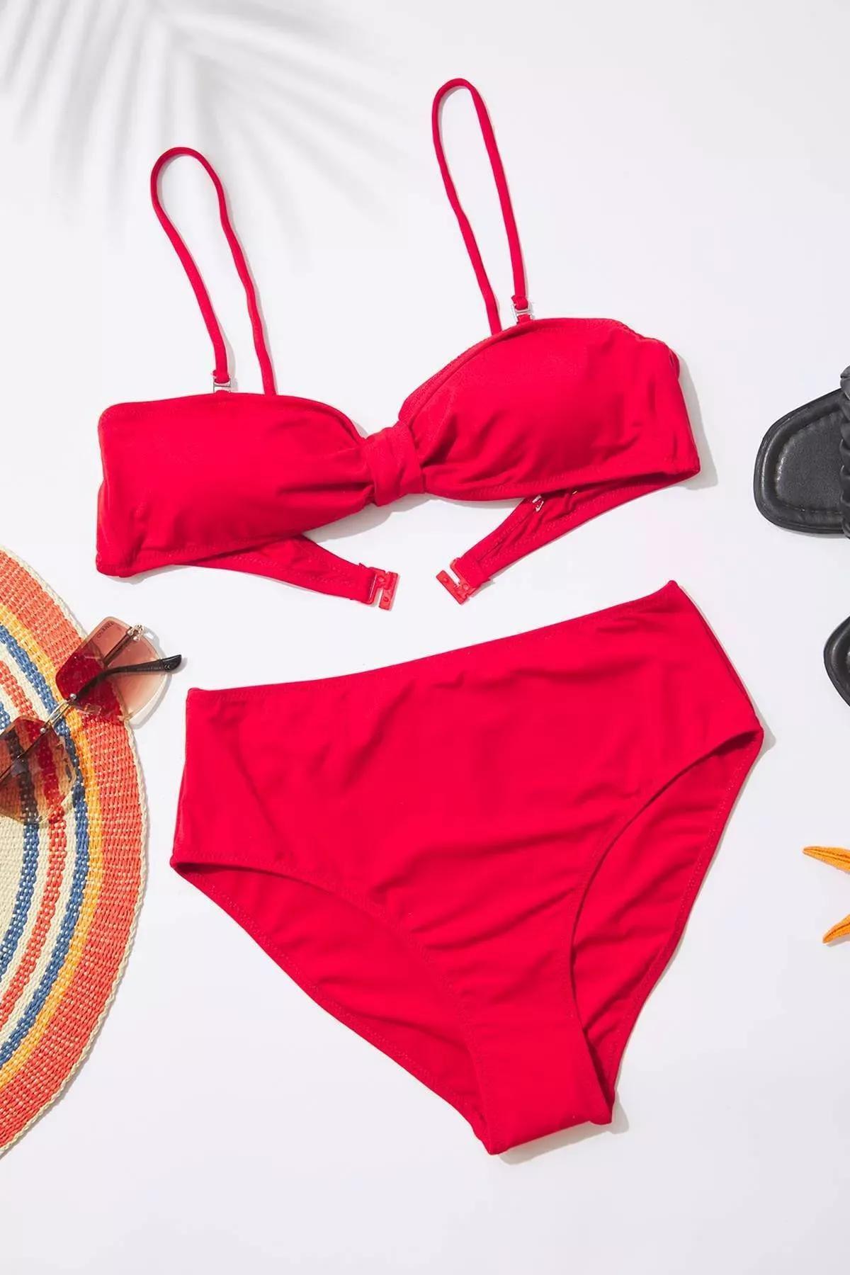 Red Strapless Draped Bikini Top, C101_1831, large image number 0