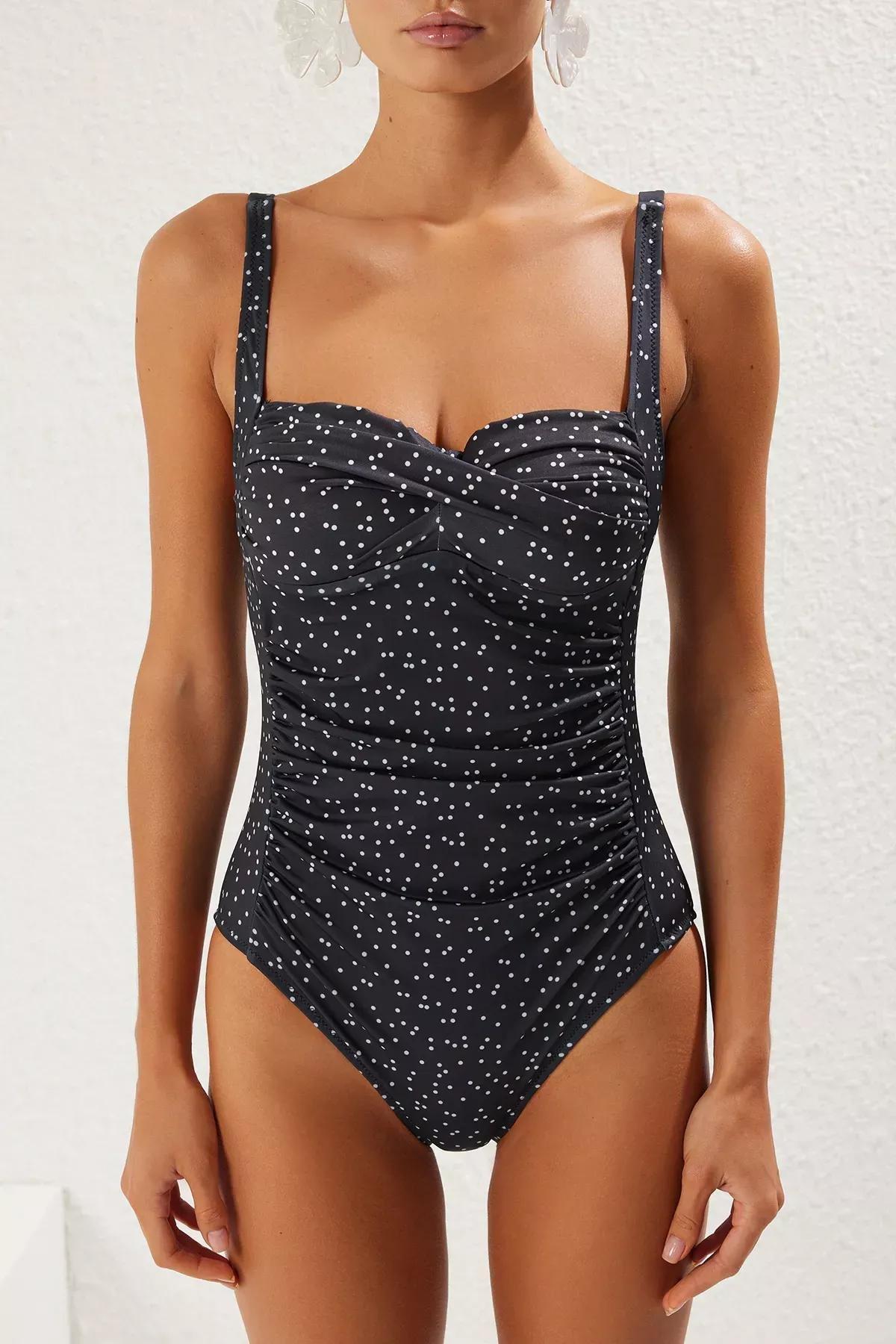 Navy Polka Dot Balconette Draped Swimsuit, , large image number 2