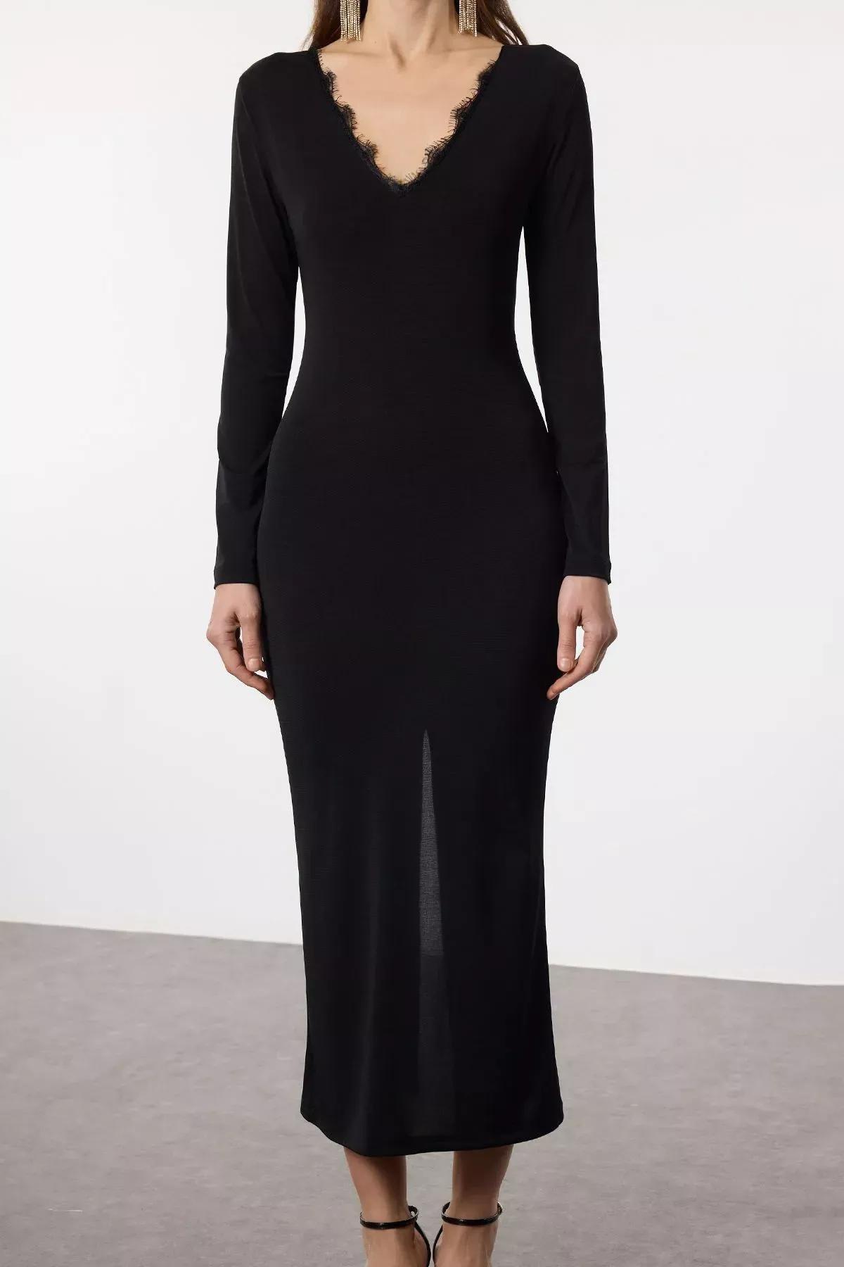 Black Bodycon V-Neck Woven Dress, BLACK, large image number 2