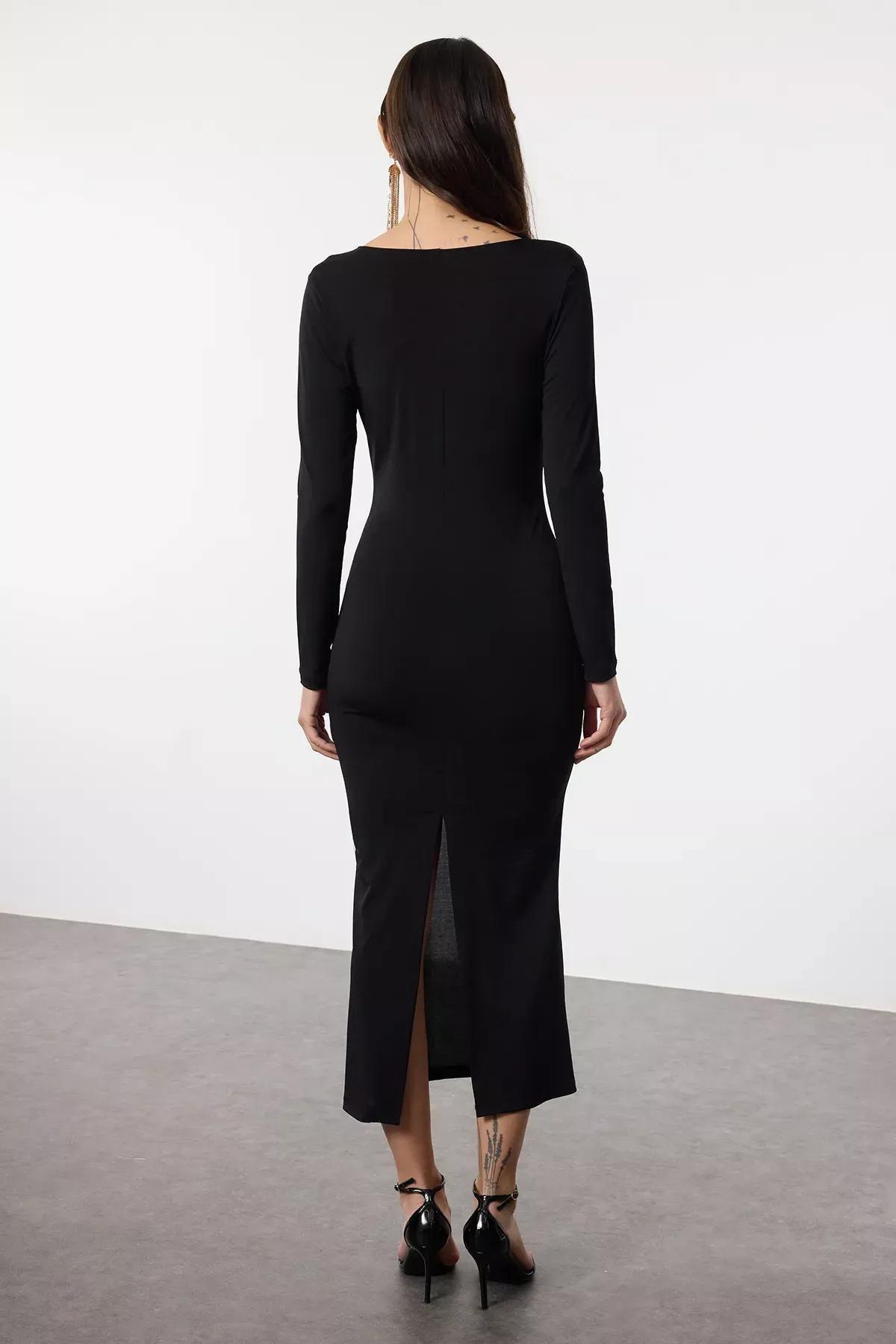 Black Bodycon V-Neck Woven Dress, BLACK, large image number 4