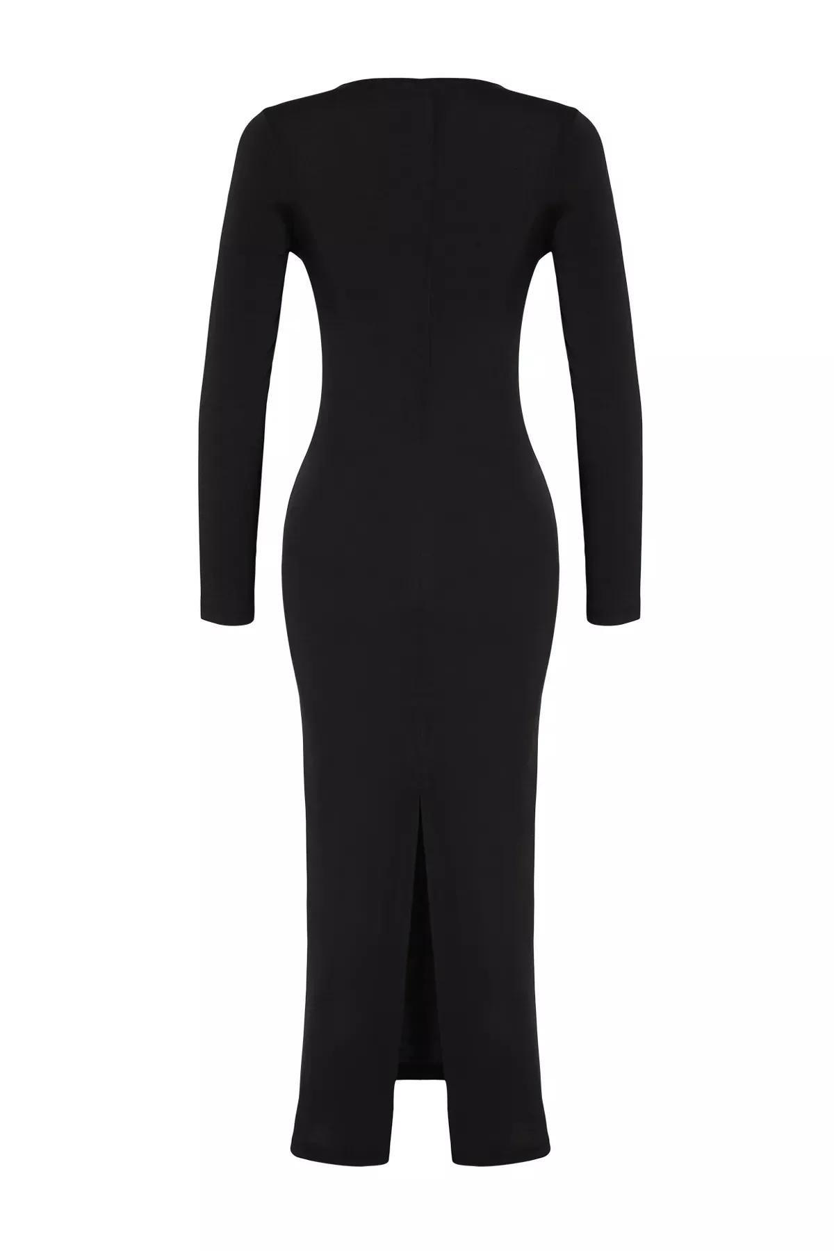 Black Bodycon V-Neck Woven Dress, BLACK, large image number 6