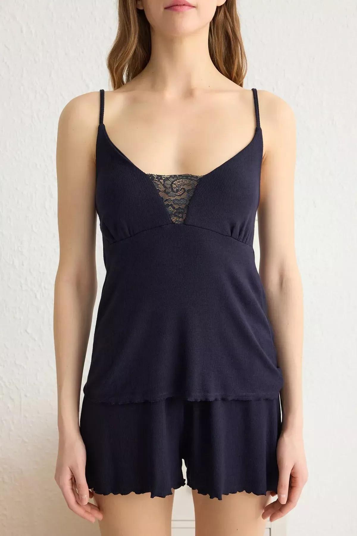 Navy Pajama Set Strap Shorts, Navy blue, medium