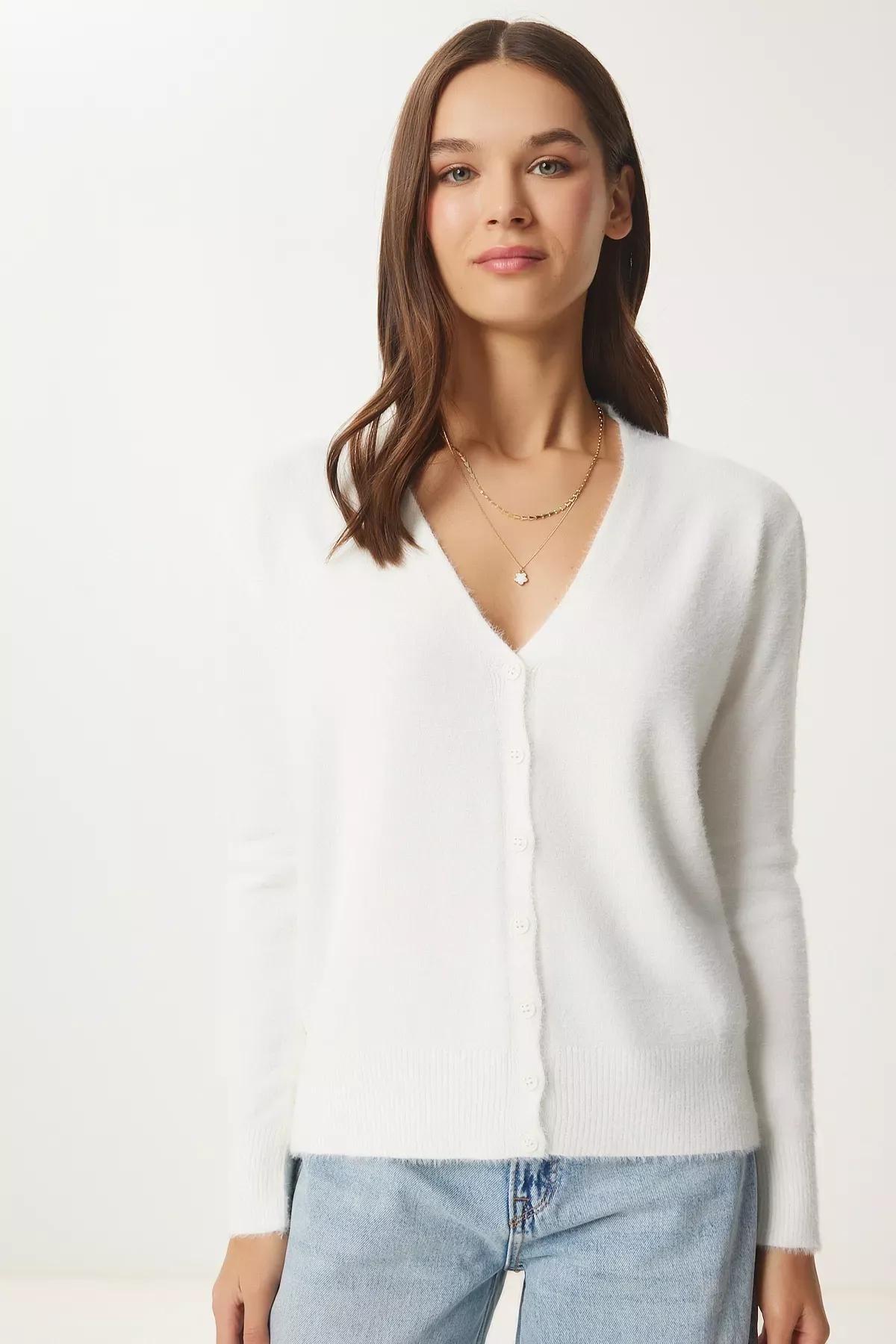 Beige V-Neck Knitwear Cardigan, Ecru, large image number 0