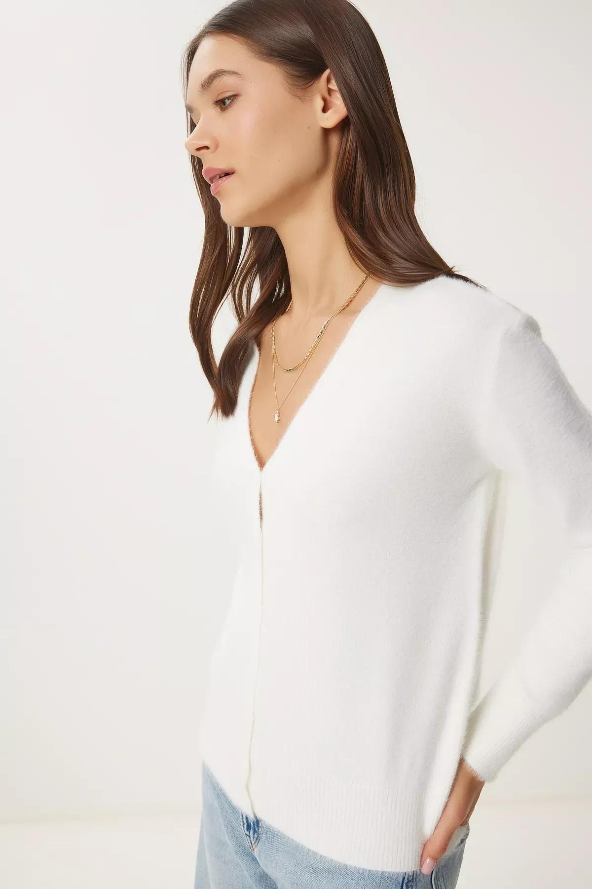 Beige V-Neck Knitwear Cardigan, Ecru, large image number 1