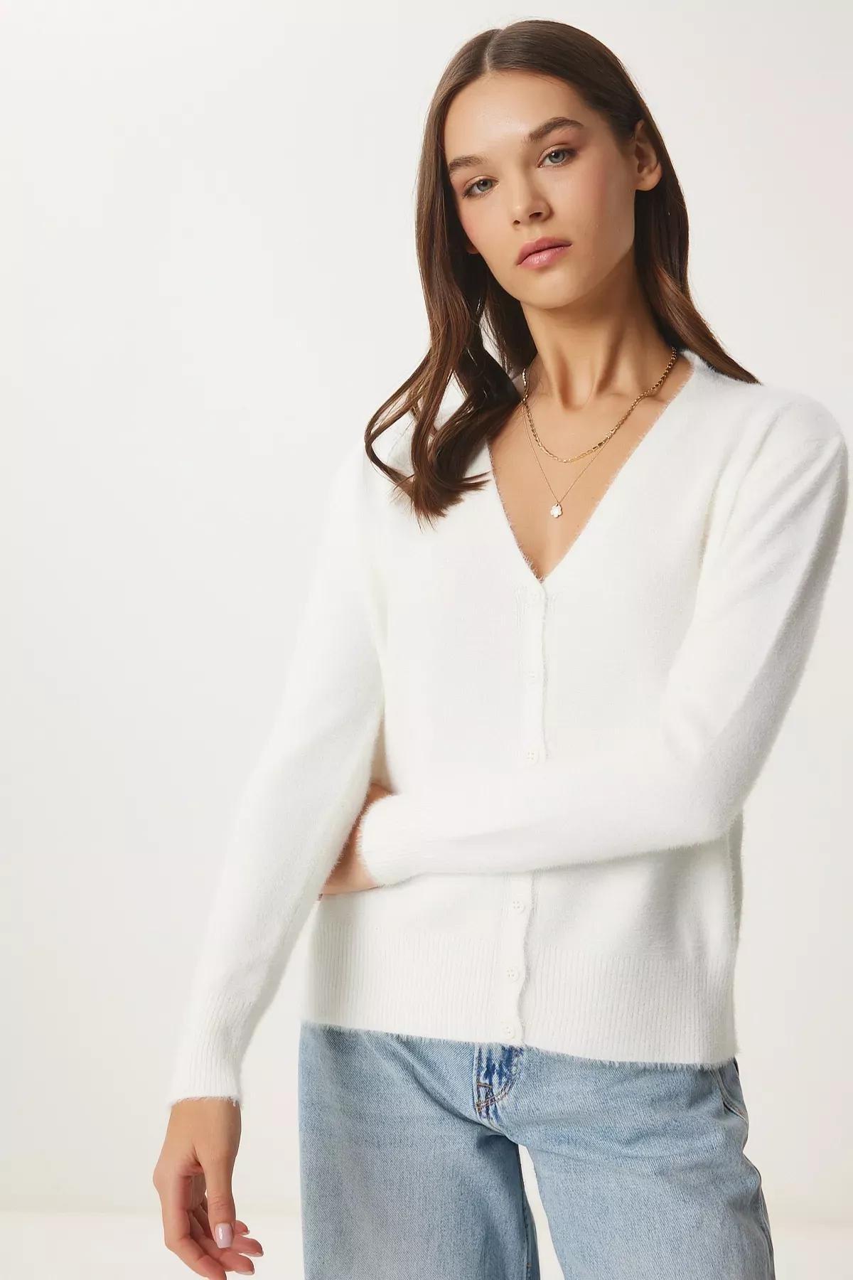 Beige V-Neck Knitwear Cardigan, Ecru, large image number 2