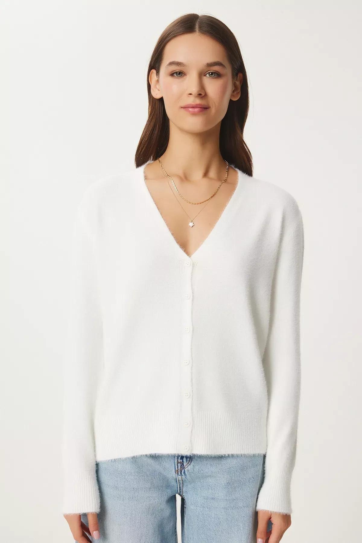Beige V-Neck Knitwear Cardigan, Ecru, large image number 3