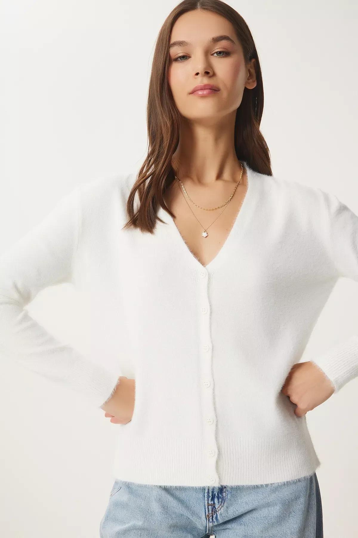 Beige V-Neck Knitwear Cardigan, Ecru, large image number 4