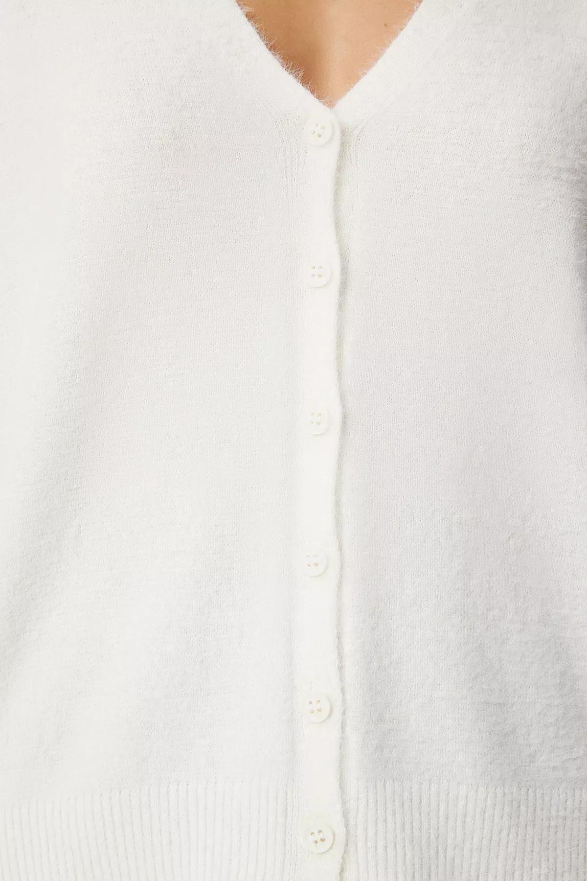 Beige V-Neck Knitwear Cardigan, Ecru, large image number 5