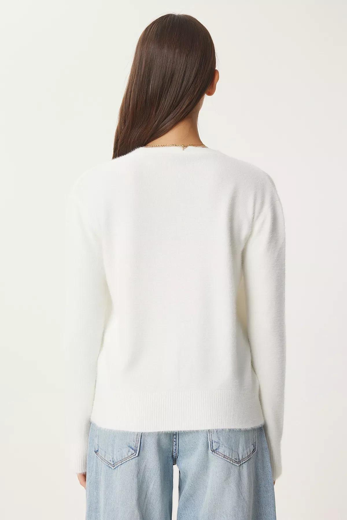 Beige V-Neck Knitwear Cardigan, Ecru, large image number 6