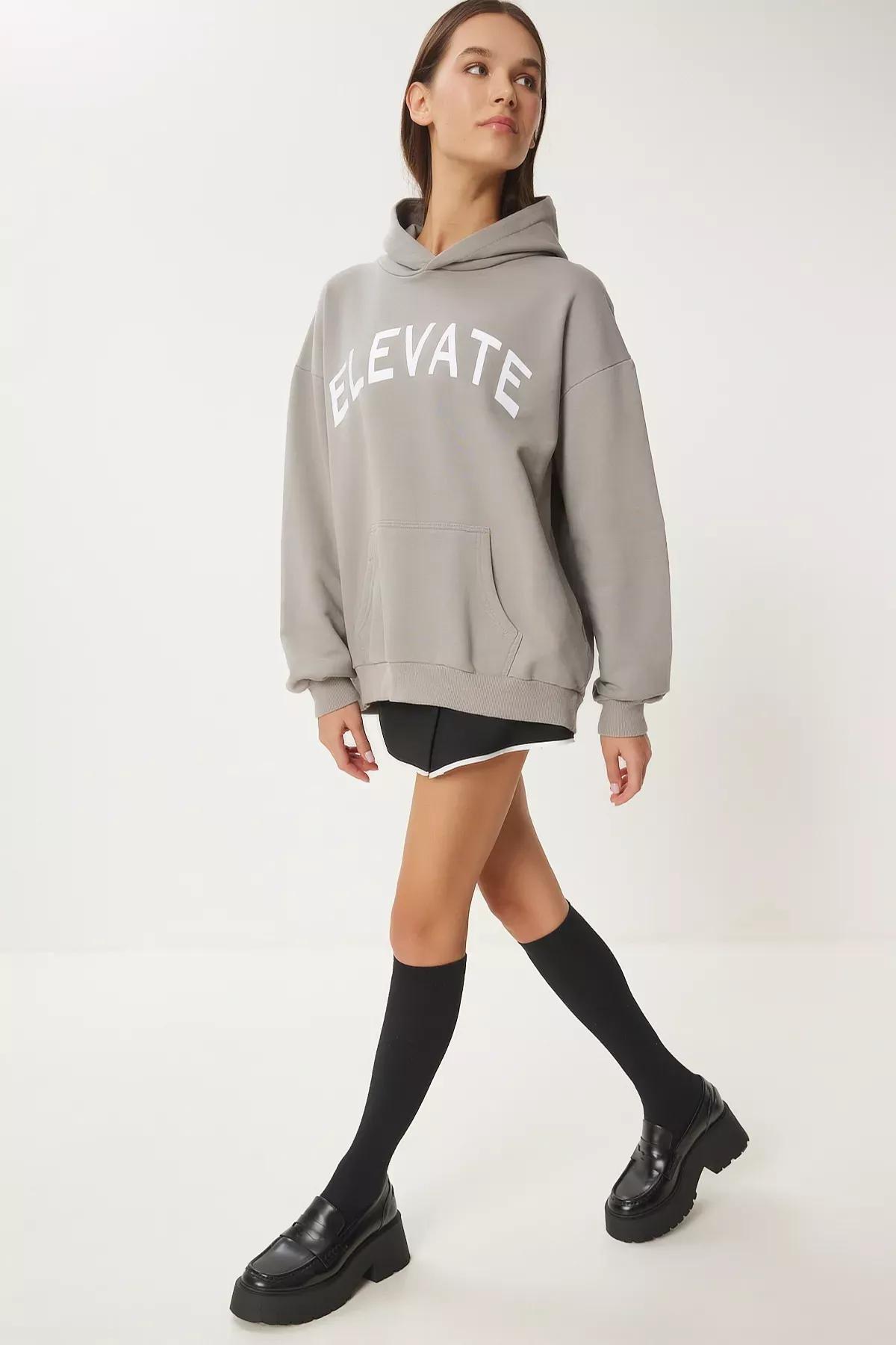 Grey Hooded Printed Sweatshirt, , large image number 4
