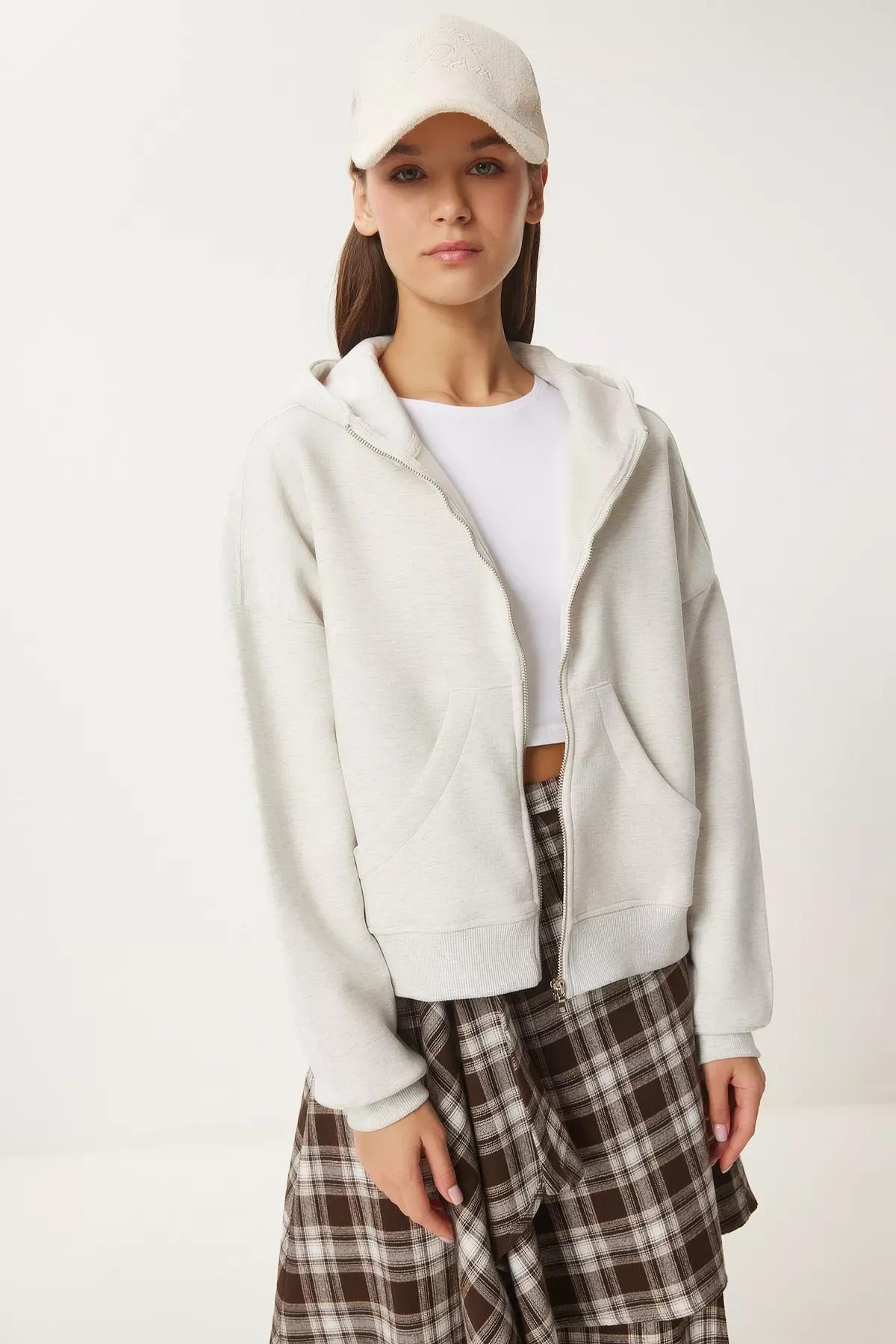 Grey Hooded Zipper Sweatshirt, , large image number 1