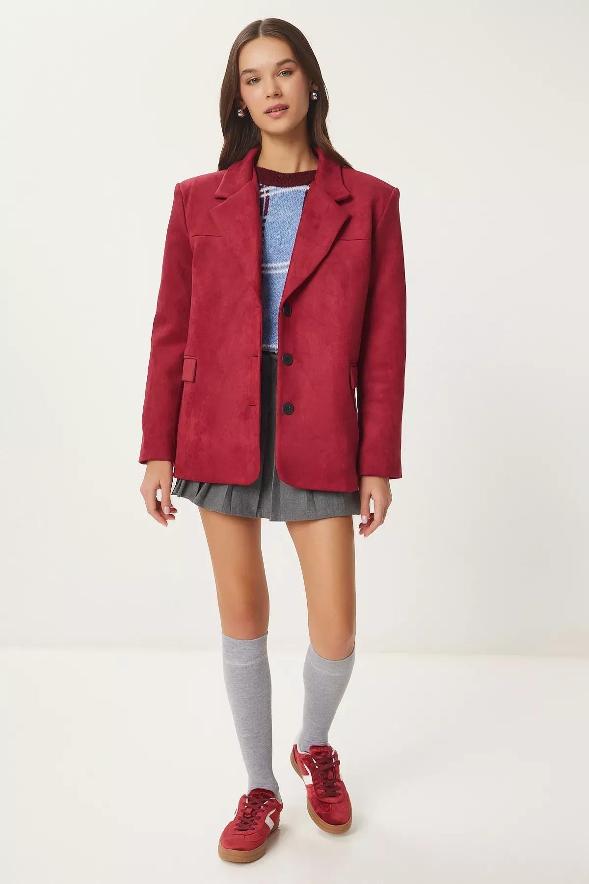 Burgundy Plain Oversized Blazer, , large image number 0