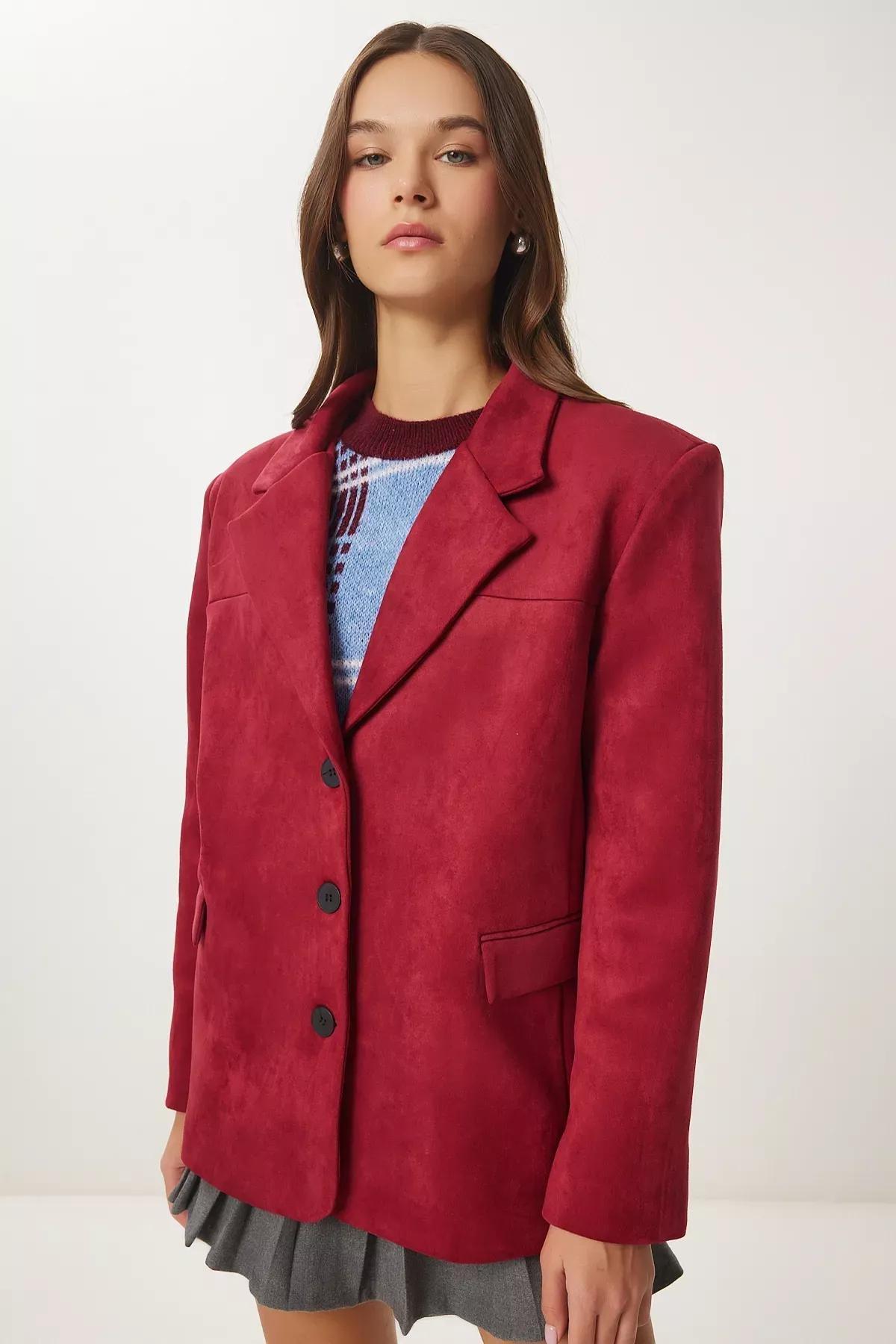 Burgundy Plain Oversized Blazer, , large image number 2