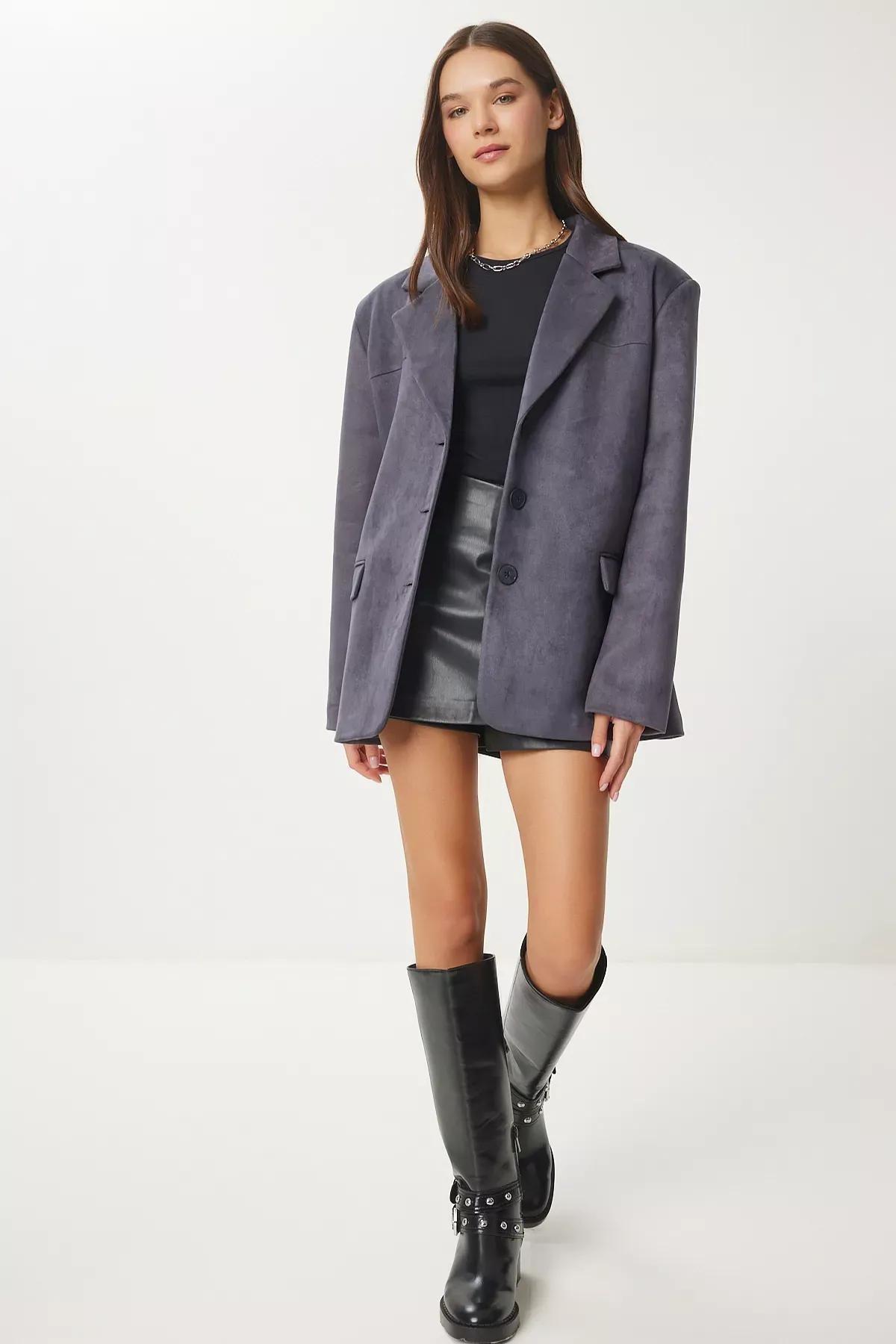 Anthracite Leather Effect Oversized Blazer, , large image number 0