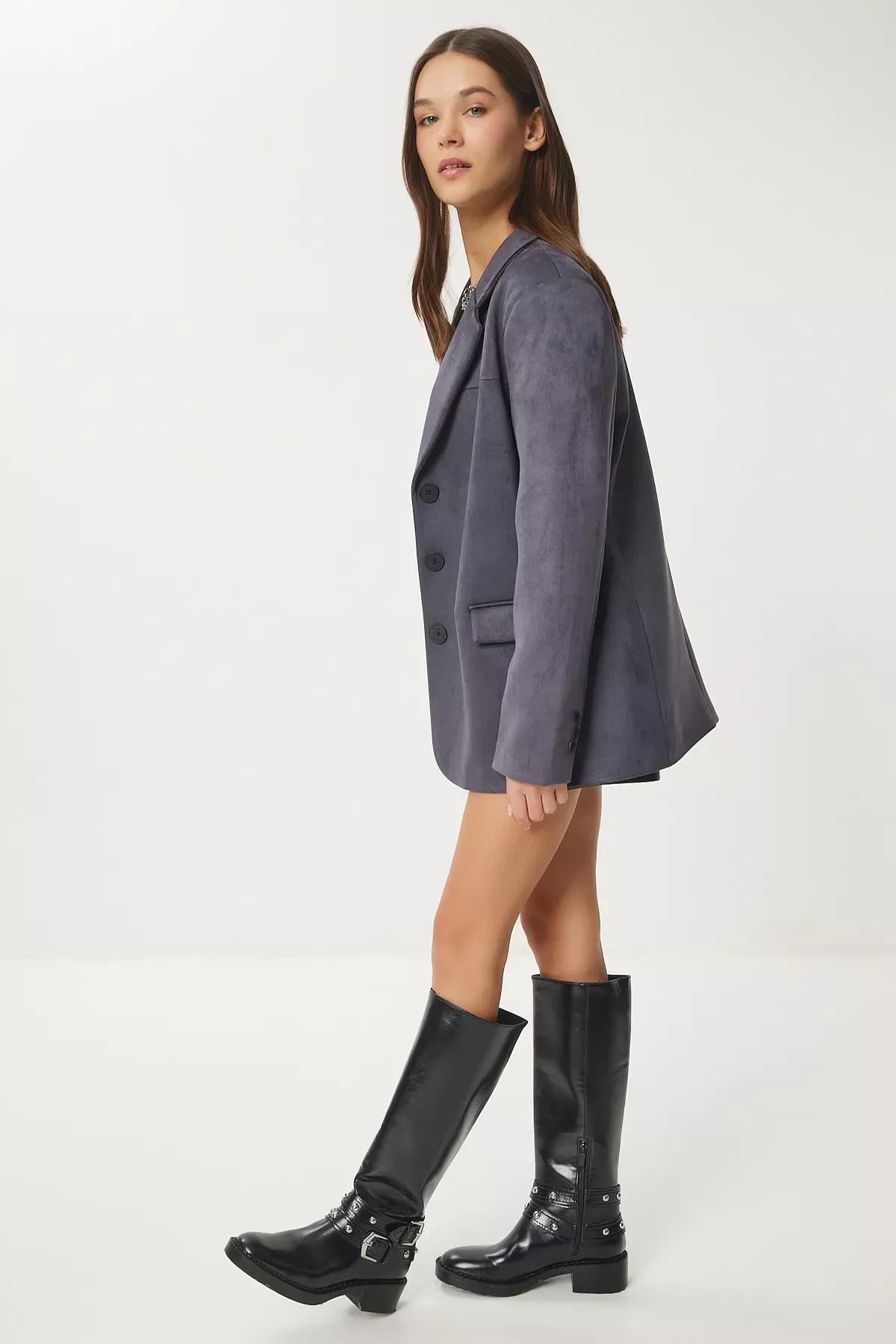 Anthracite Leather Effect Oversized Blazer, , large image number 1