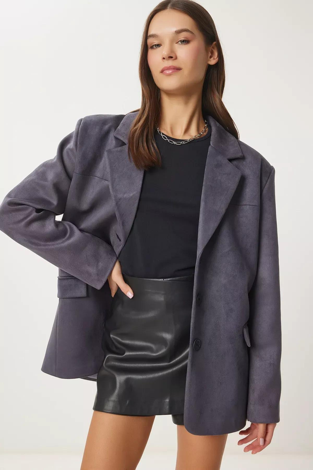 Anthracite Leather Effect Oversized Blazer, , large image number 2