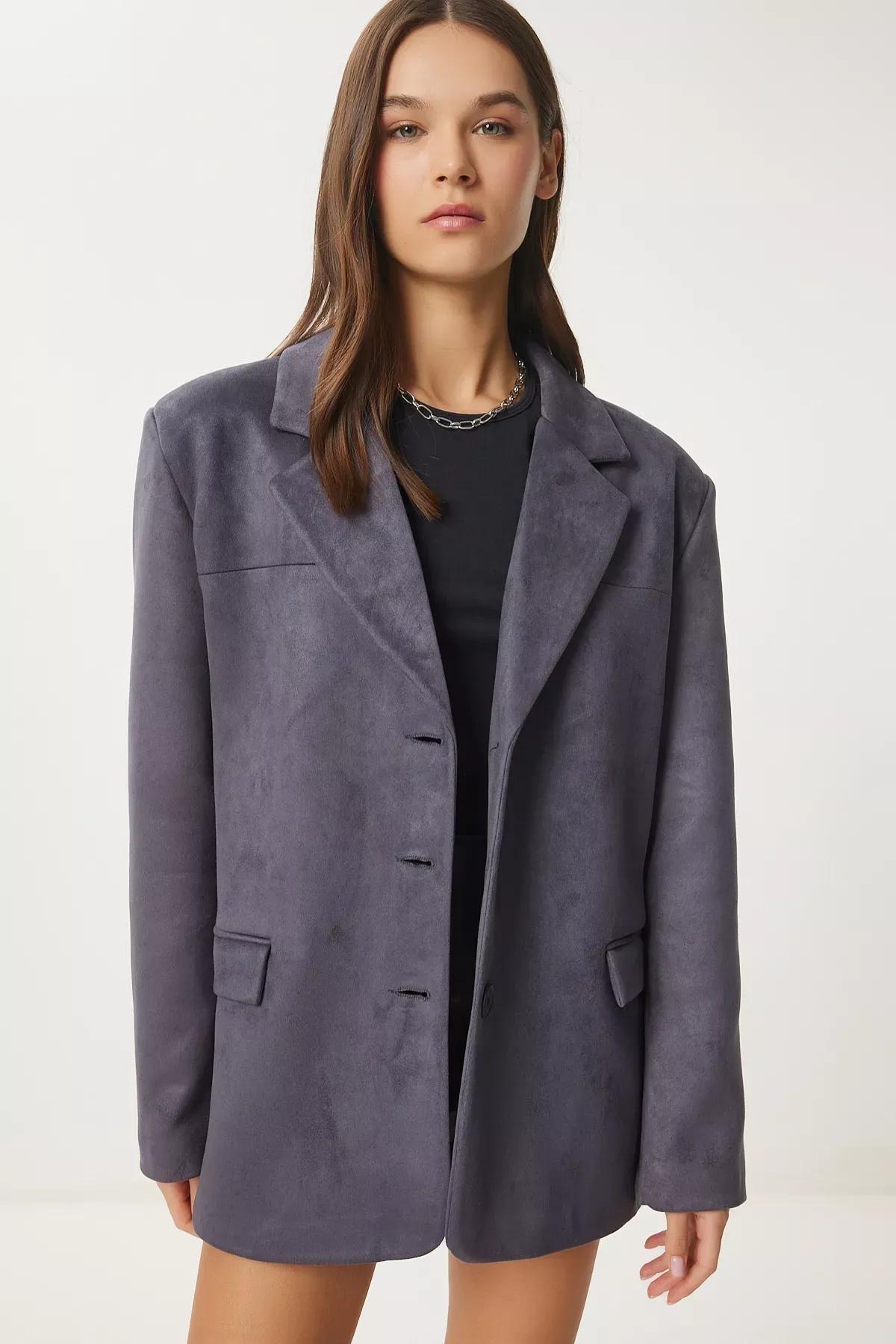 Anthracite Leather Effect Oversized Blazer, , large image number 3