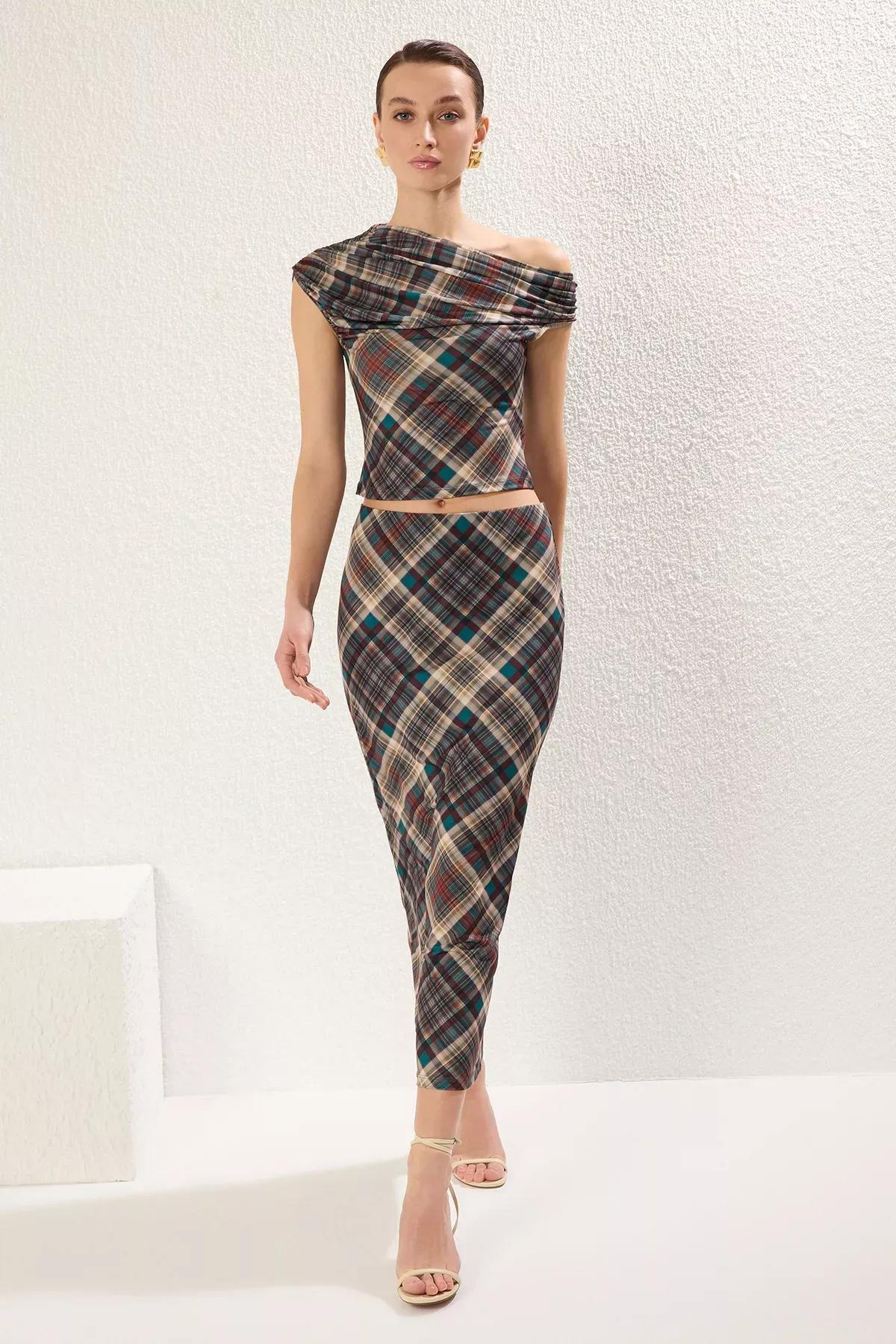Multicolour Plaid Gathered Asymmetrical Co-Ord Set, C101_7382, large image number 0