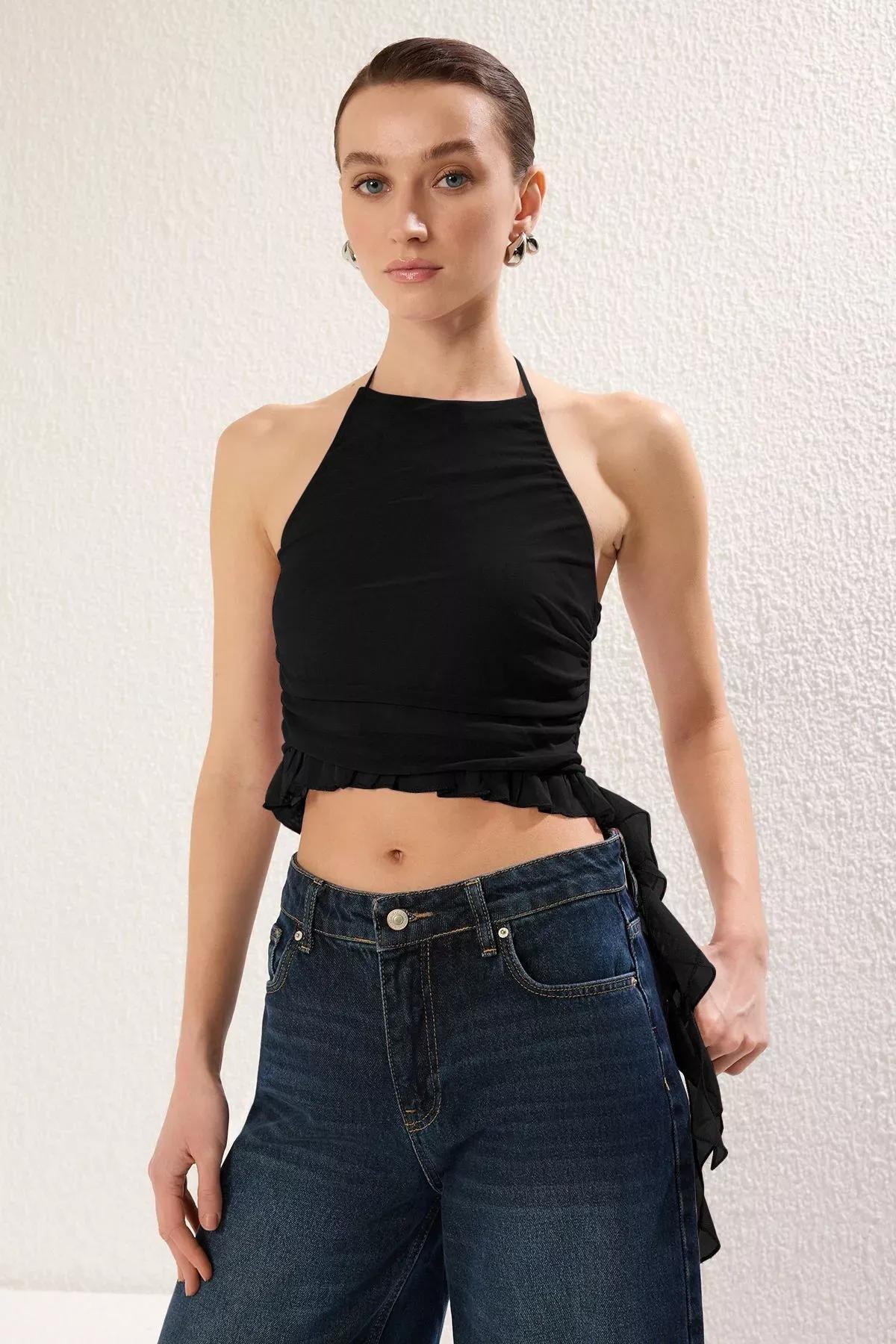 Black Halter Neck Ruffle Knitted Blouse, , large image number 0
