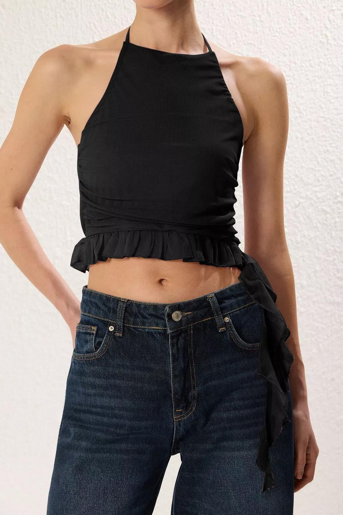 Black Halter Neck Ruffle Knitted Blouse, , large image number 2