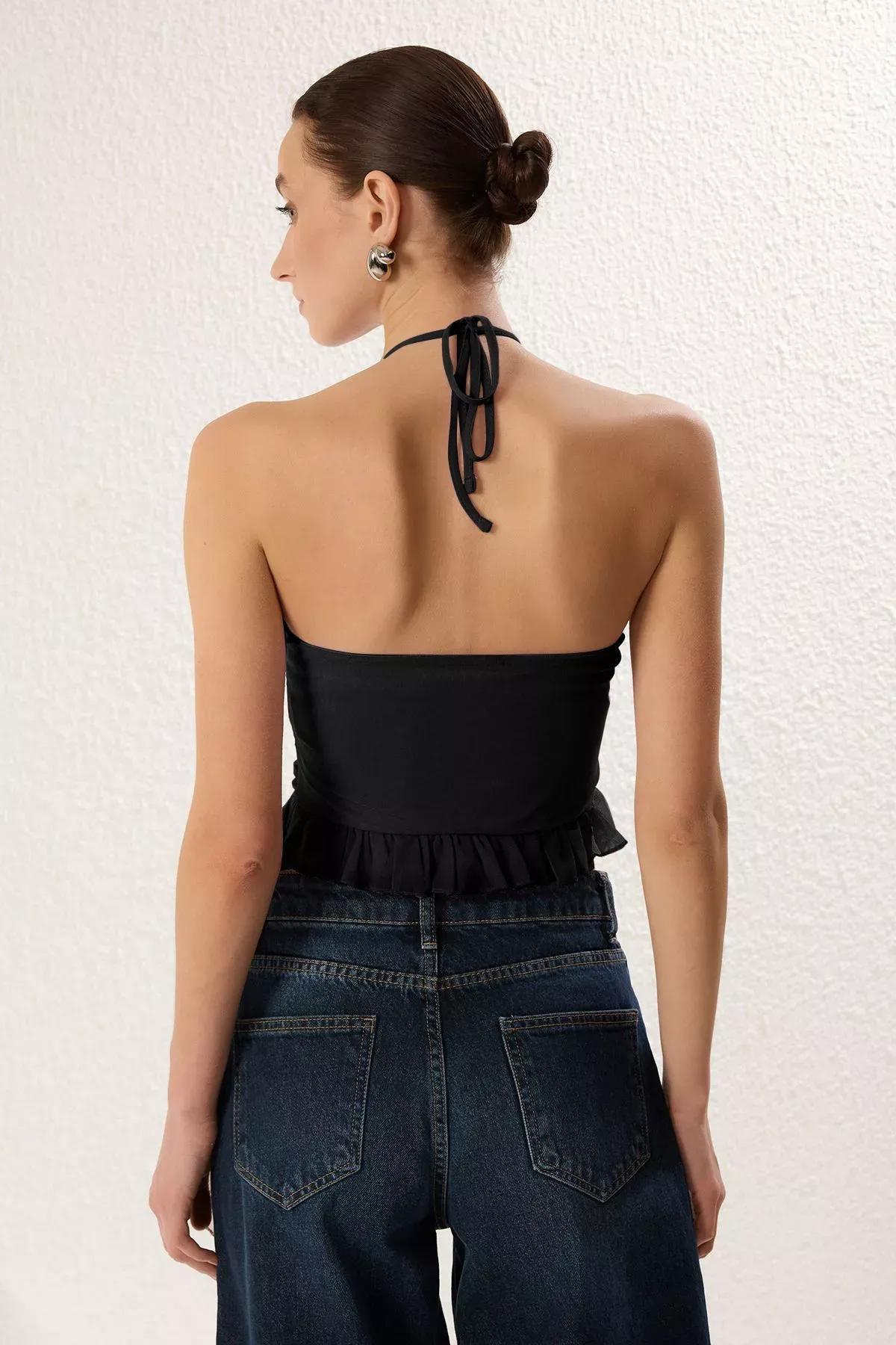 Black Halter Neck Ruffle Knitted Blouse, , large image number 4