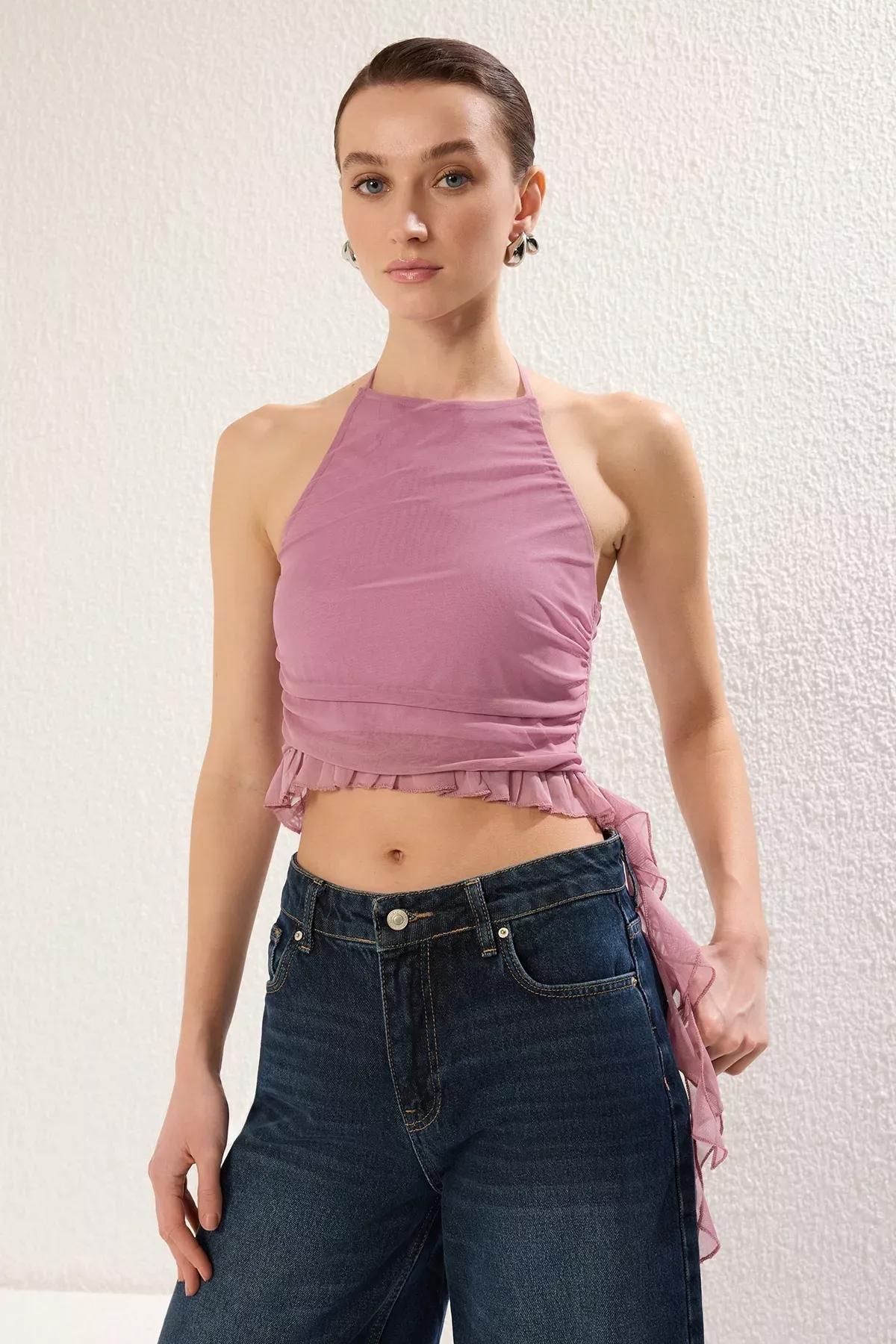 Pink Halter Tie Neck Knitted Blouse, C101_7329, large image number 0
