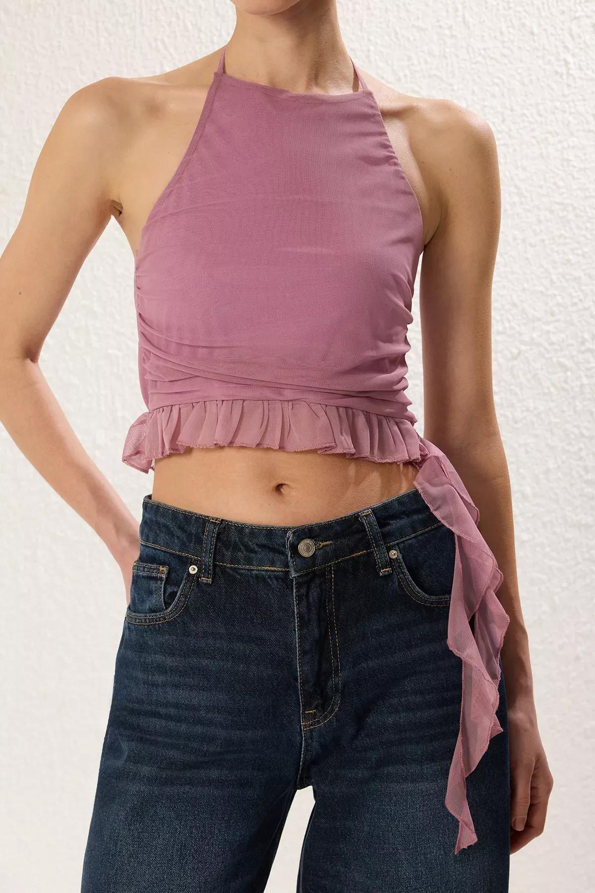Pink Halter Tie Neck Knitted Blouse, C101_7329, large image number 2