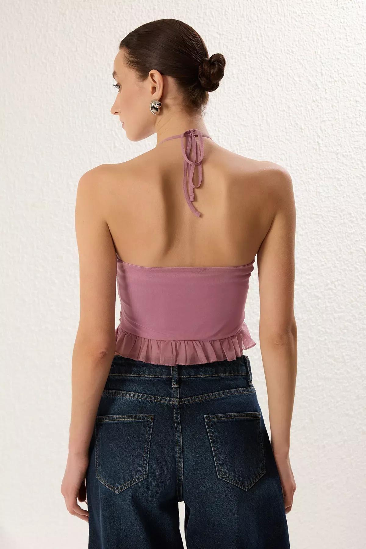 Pink Halter Tie Neck Knitted Blouse, C101_7329, large image number 4