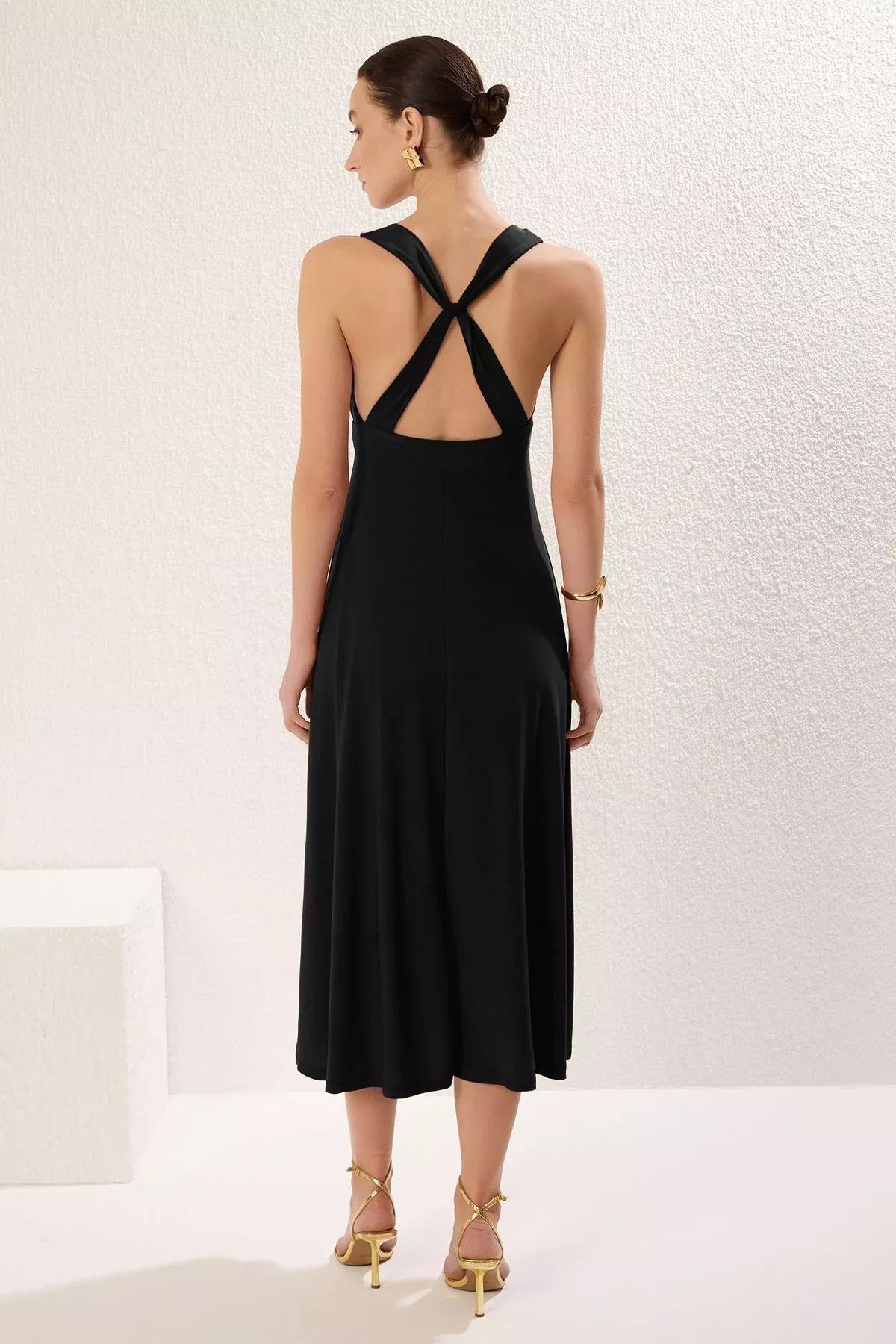 Black Slit Pleated Stretchy Dress, , large image number 0