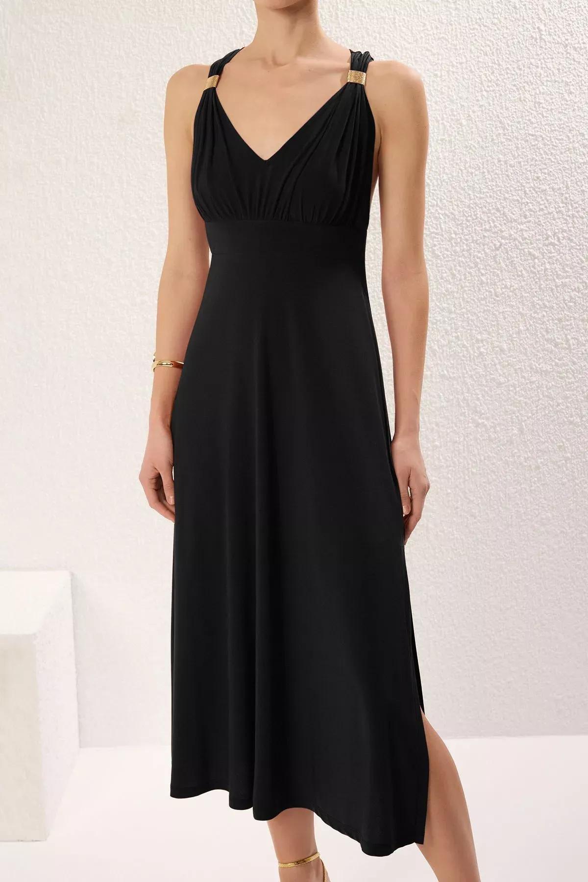Black Slit Pleated Stretchy Dress, , large image number 3