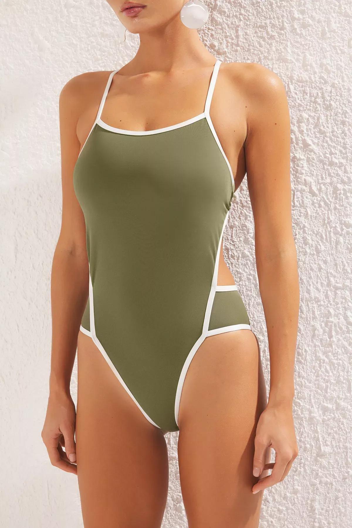 Green Halter Neck Back Detailed Swimsuit, C101_1754, large image number 3
