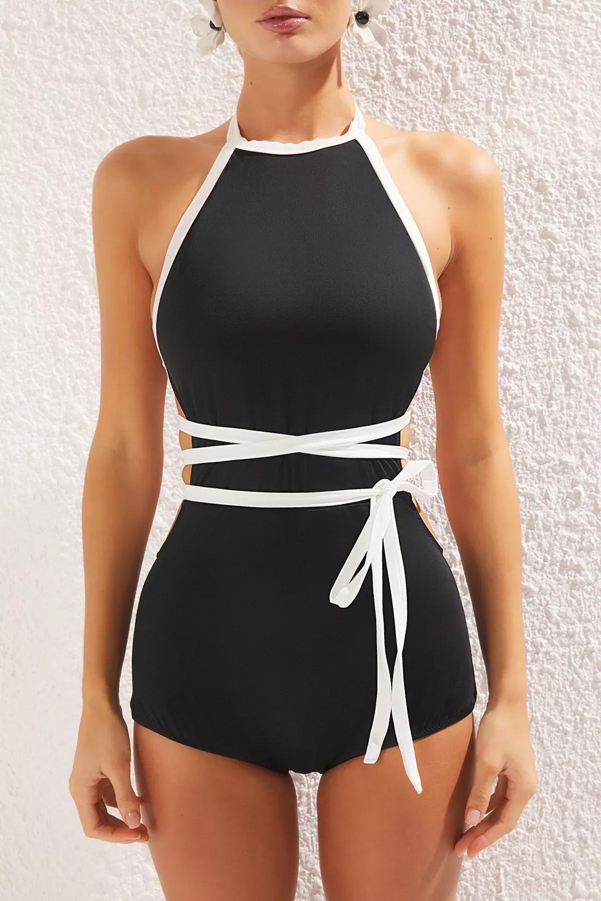 Black Halter Neck Detailed Regular Swimsuit, C101_2094, large image number 3
