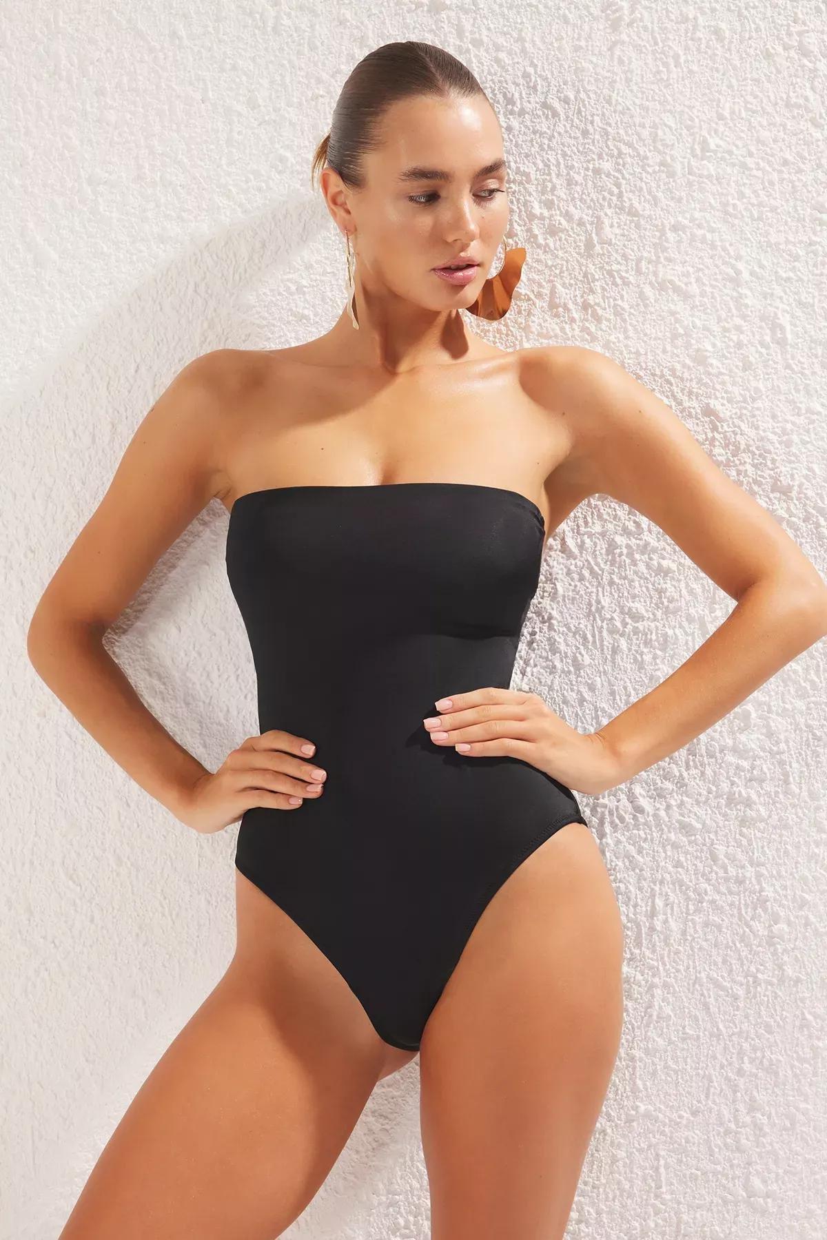 Black Strapless Ruffled Sleeveless Swimsuit, C101_2094, large image number 1