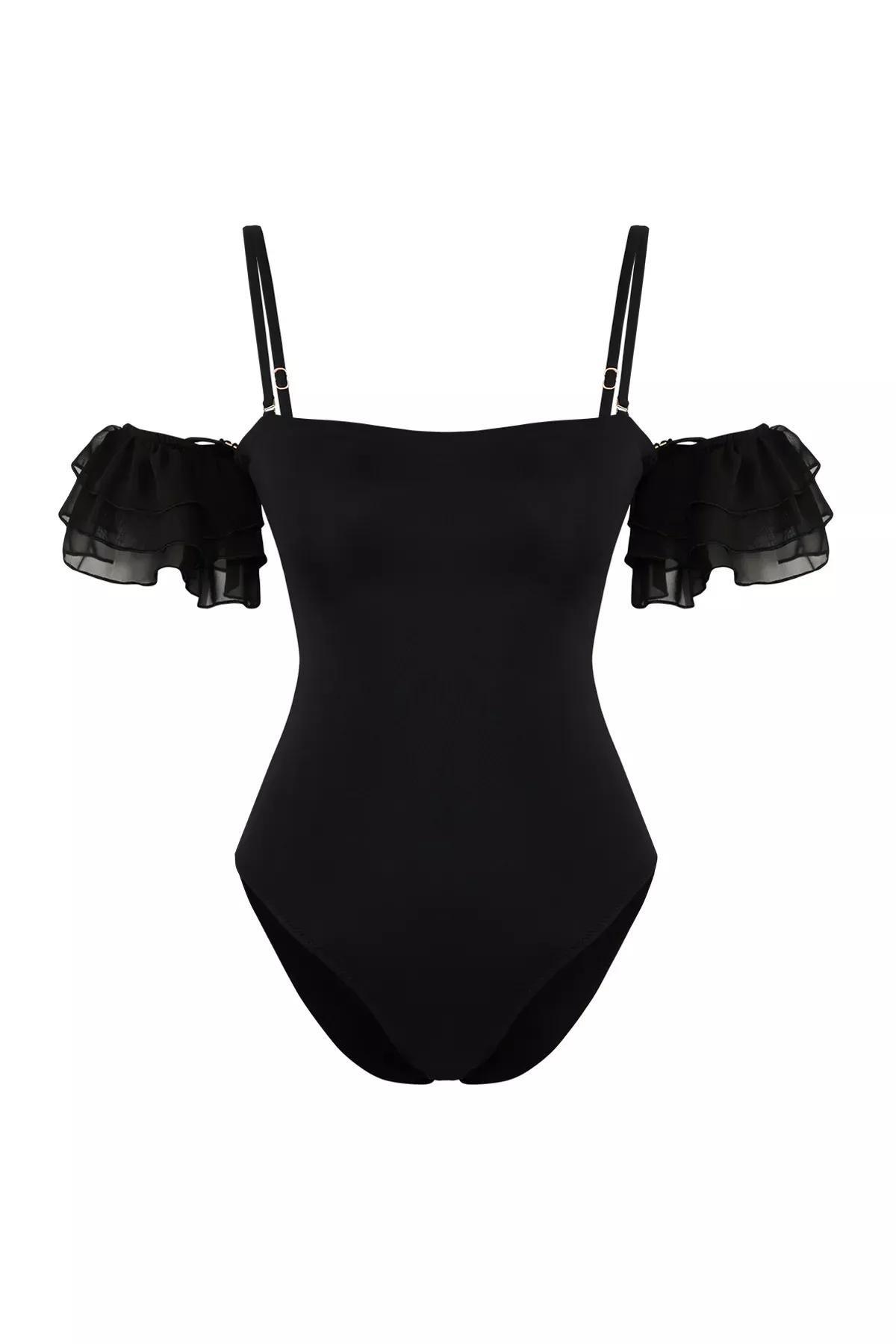 Black Strapless Ruffled Sleeveless Swimsuit, C101_2094, large image number 4